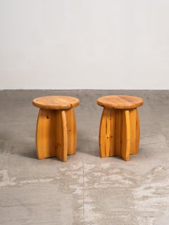 Pair of Pine Stools, Brutalist Style, Sweden, 1970s