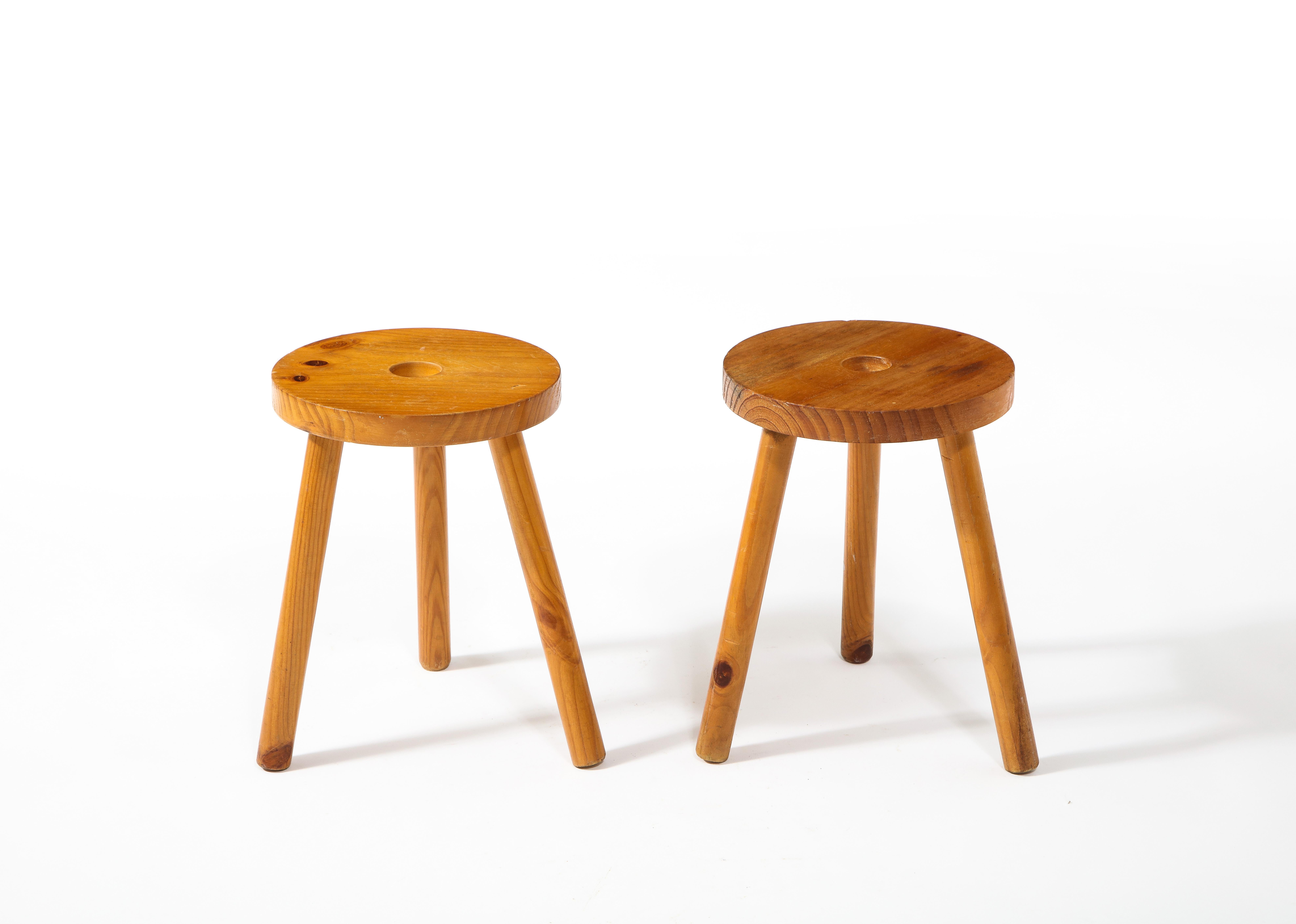 Rustic Pair of Round Pine Stools, France 1960's For Sale