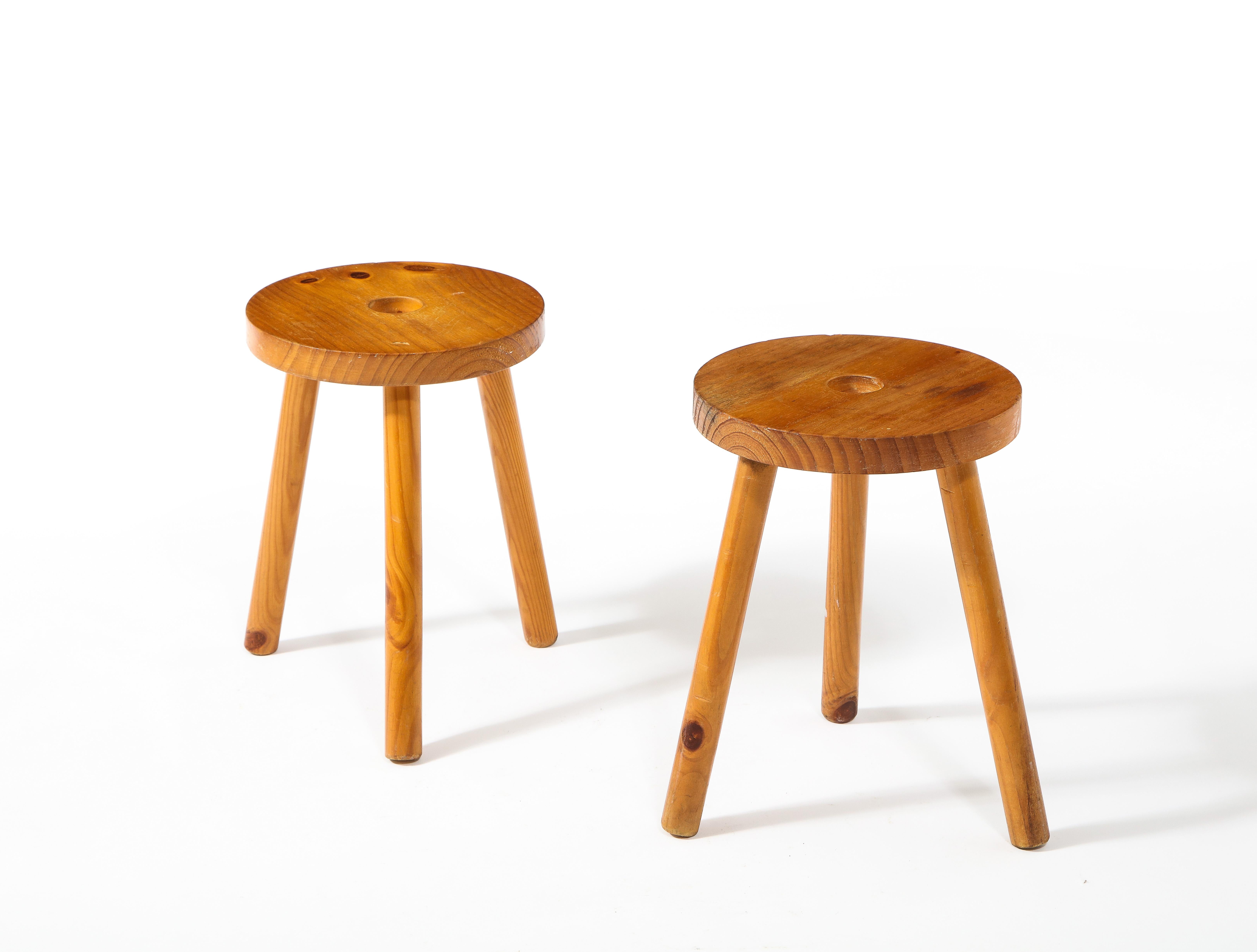 French Pair of Round Pine Stools, France 1960's For Sale