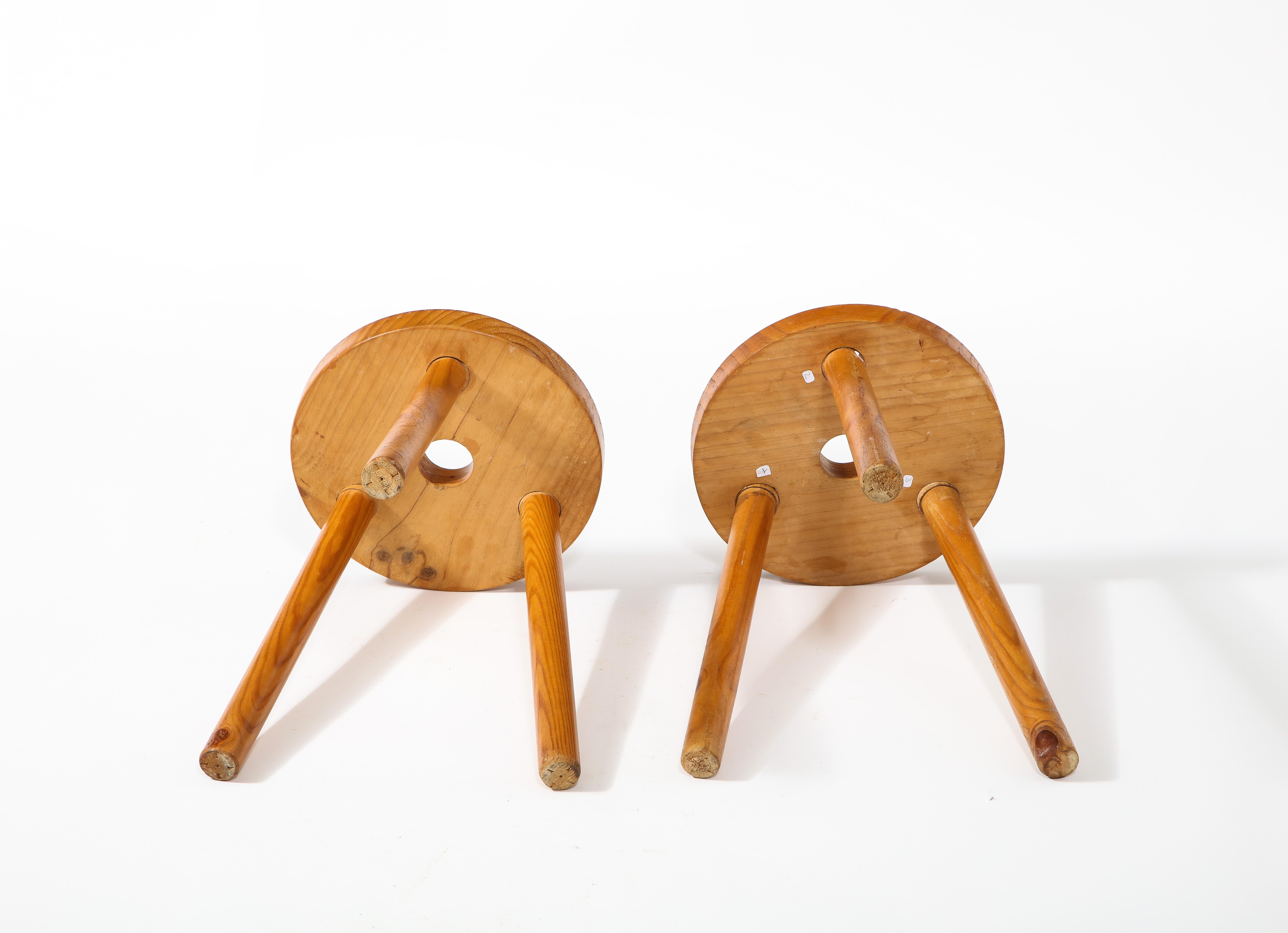 Pair of Round Pine Stools, France 1960's For Sale 1