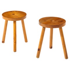Pair of Round Pine Stools, France 1960's