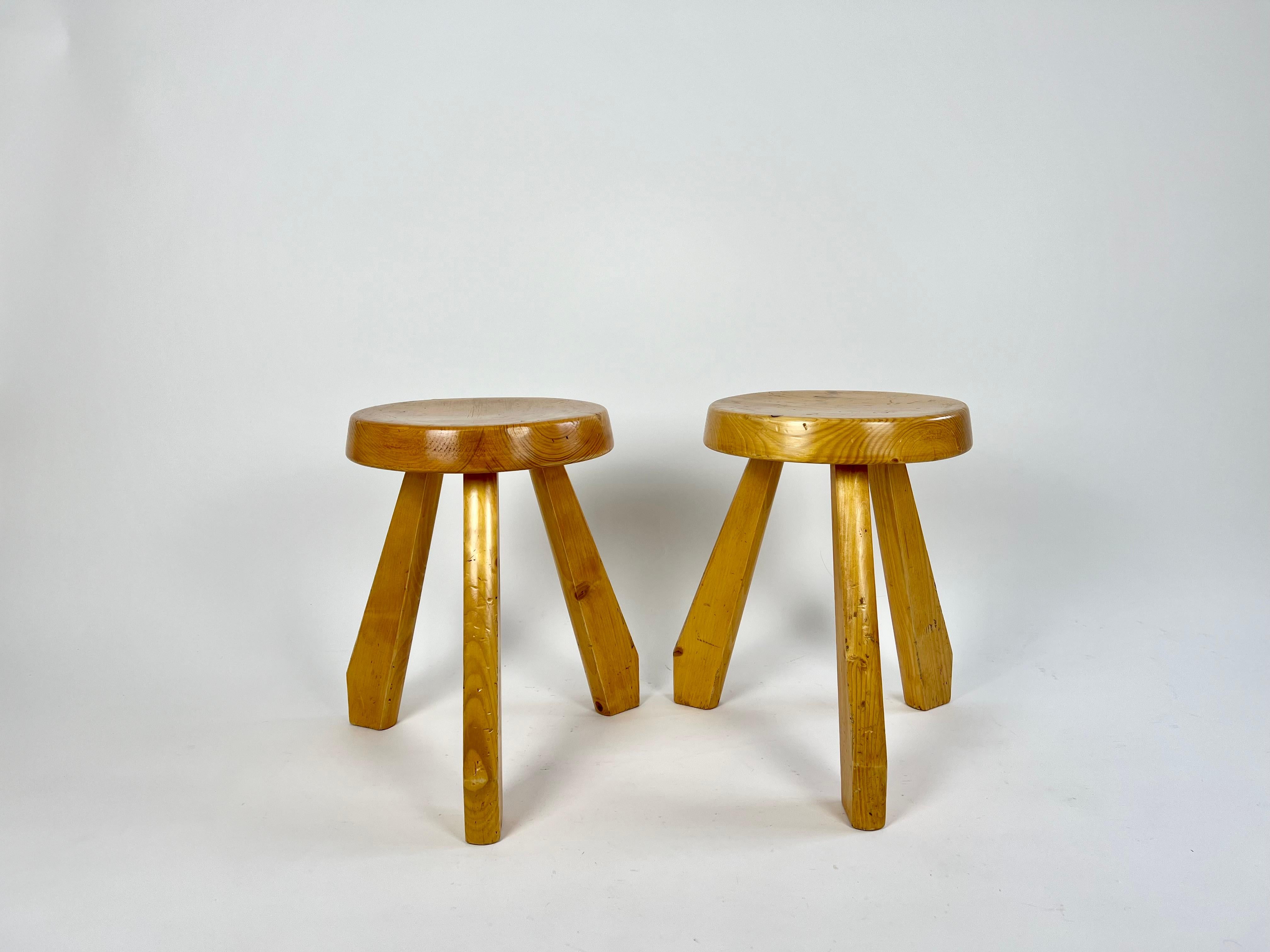French Pair of pine stools from Les Arcs, Charlotte Perriand, France 1960-70s For Sale