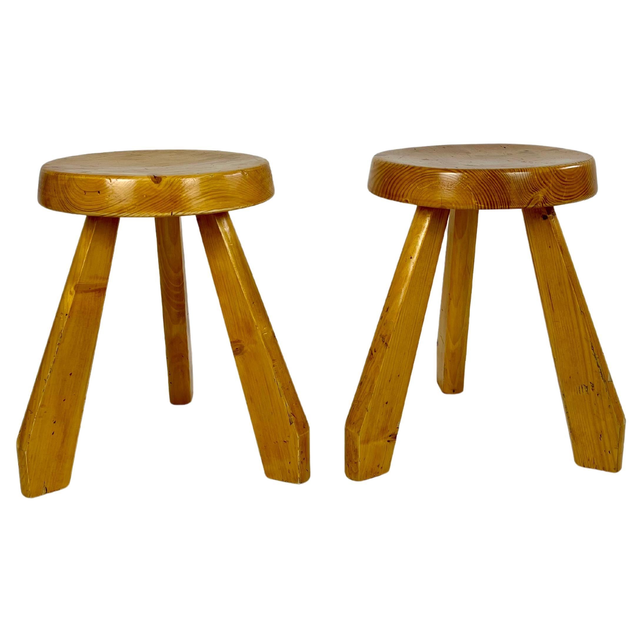 Pair of pine stools from Les Arcs, Charlotte Perriand, France 1960-70s For Sale