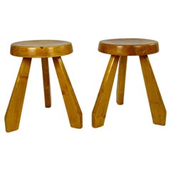 Vintage Pair of pine stools from Les Arcs, Charlotte Perriand, France 1960-70s