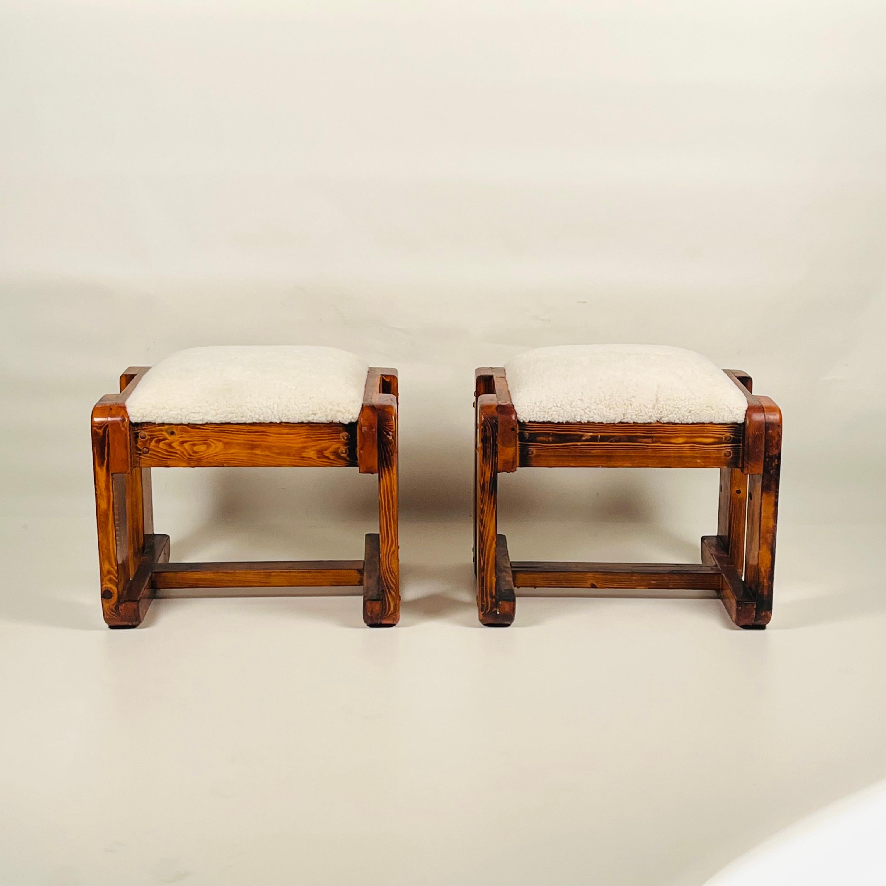 Pair of Pine Stools with Shearling Upholstery For Sale 5