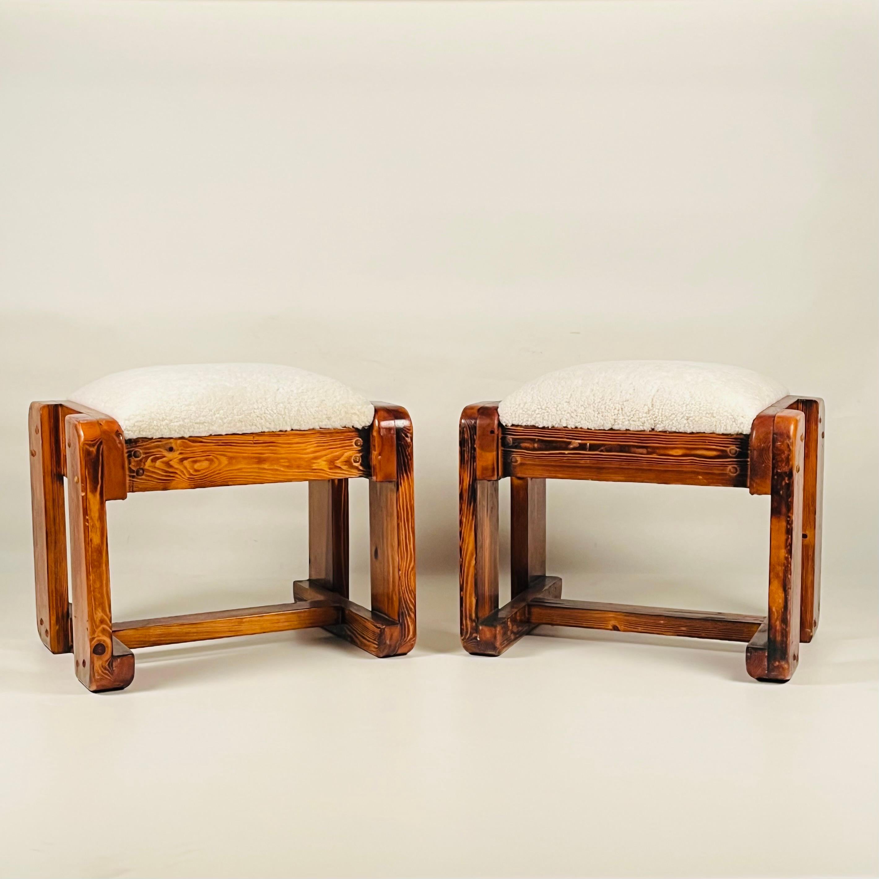 These charming vintage stools crafted from robust pine wood have been given a new lease of life with a recent reupholstering in plush shearling. Their rustic charm and cozy appeal make them a perfect addition to any living room or bedroom setup. 
