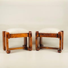 Pair of Pine Stools with Shearling Upholstery
