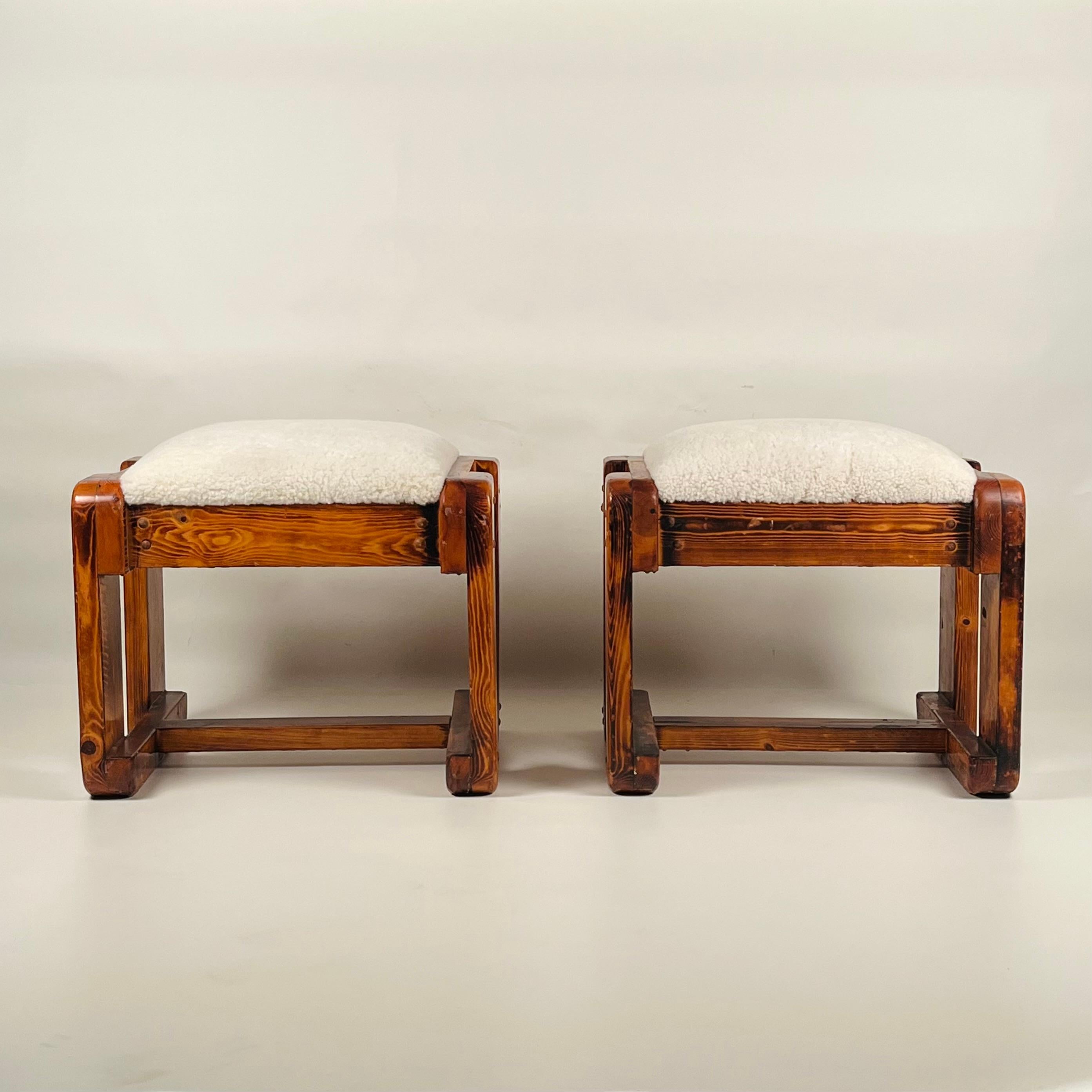 Modern Pair of Pine Stools with Shearling Upholstery For Sale