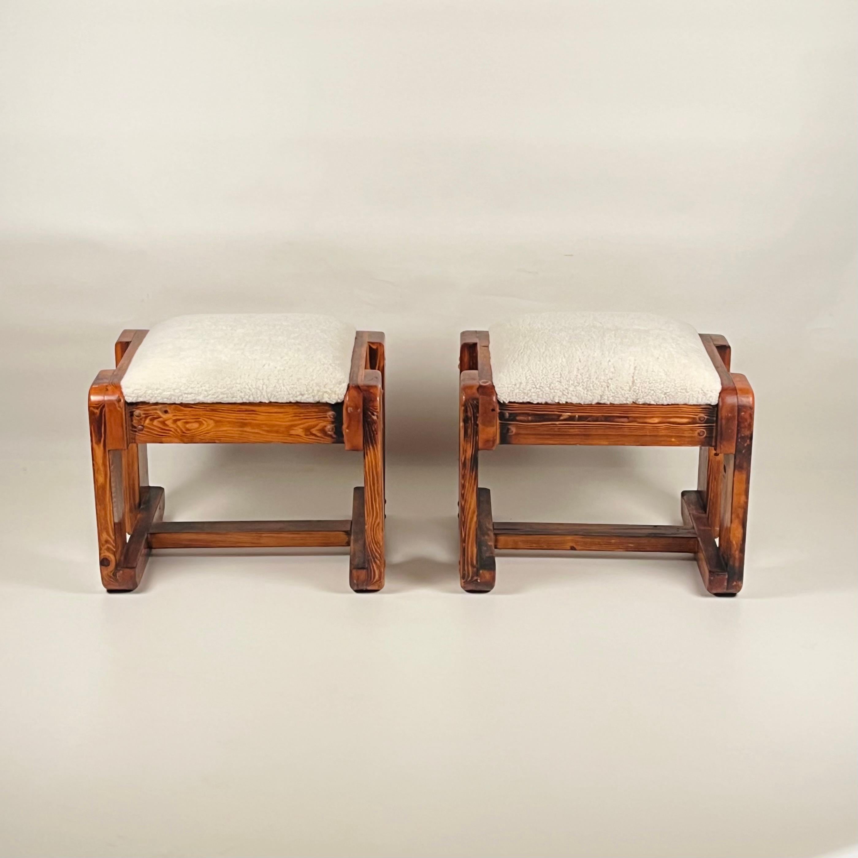 American Pair of Pine Stools with Shearling Upholstery For Sale