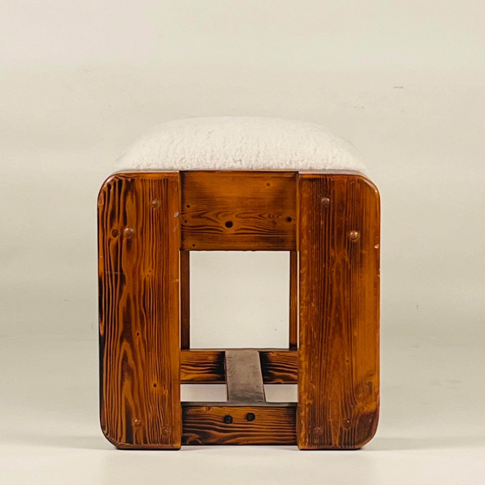 Pair of Pine Stools with Shearling Upholstery In Good Condition For Sale In Los Angeles, CA