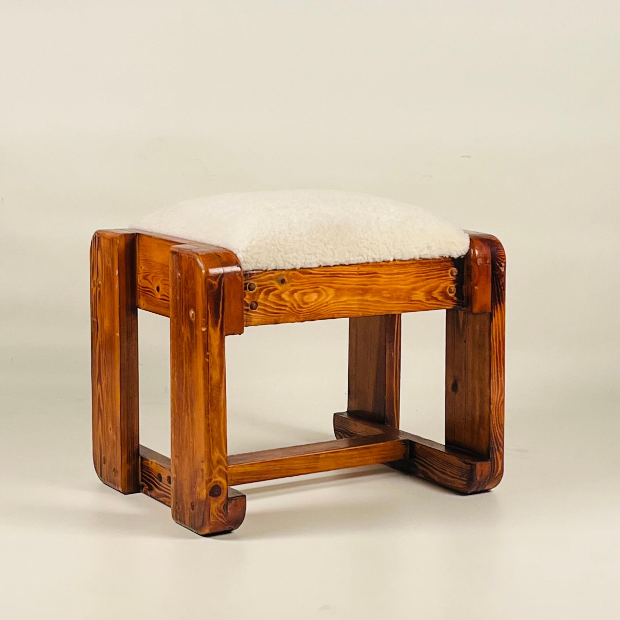 Late 20th Century Pair of Pine Stools with Shearling Upholstery For Sale