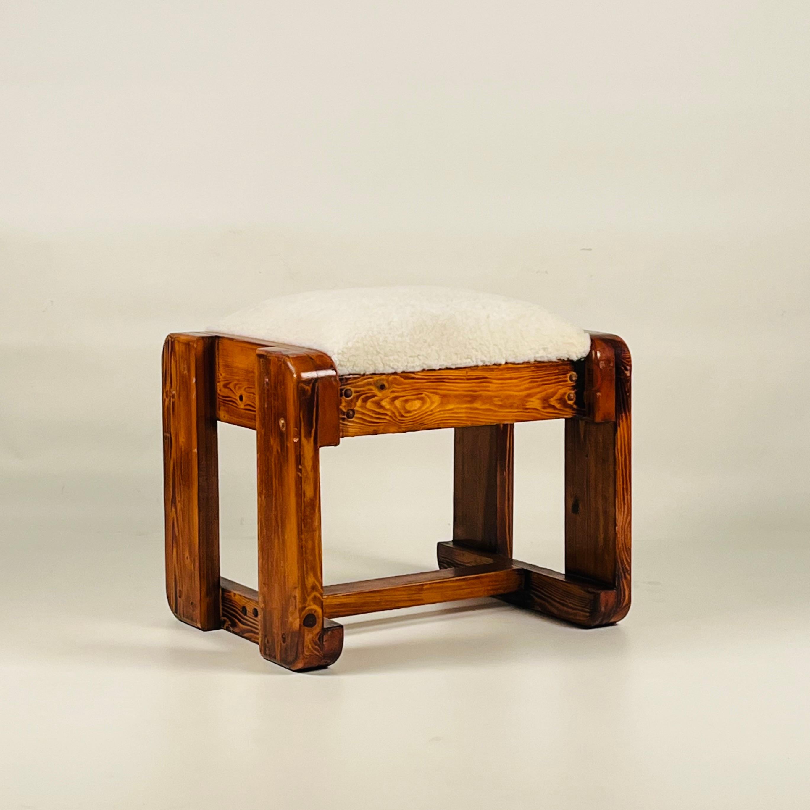 Pair of Pine Stools with Shearling Upholstery For Sale 1