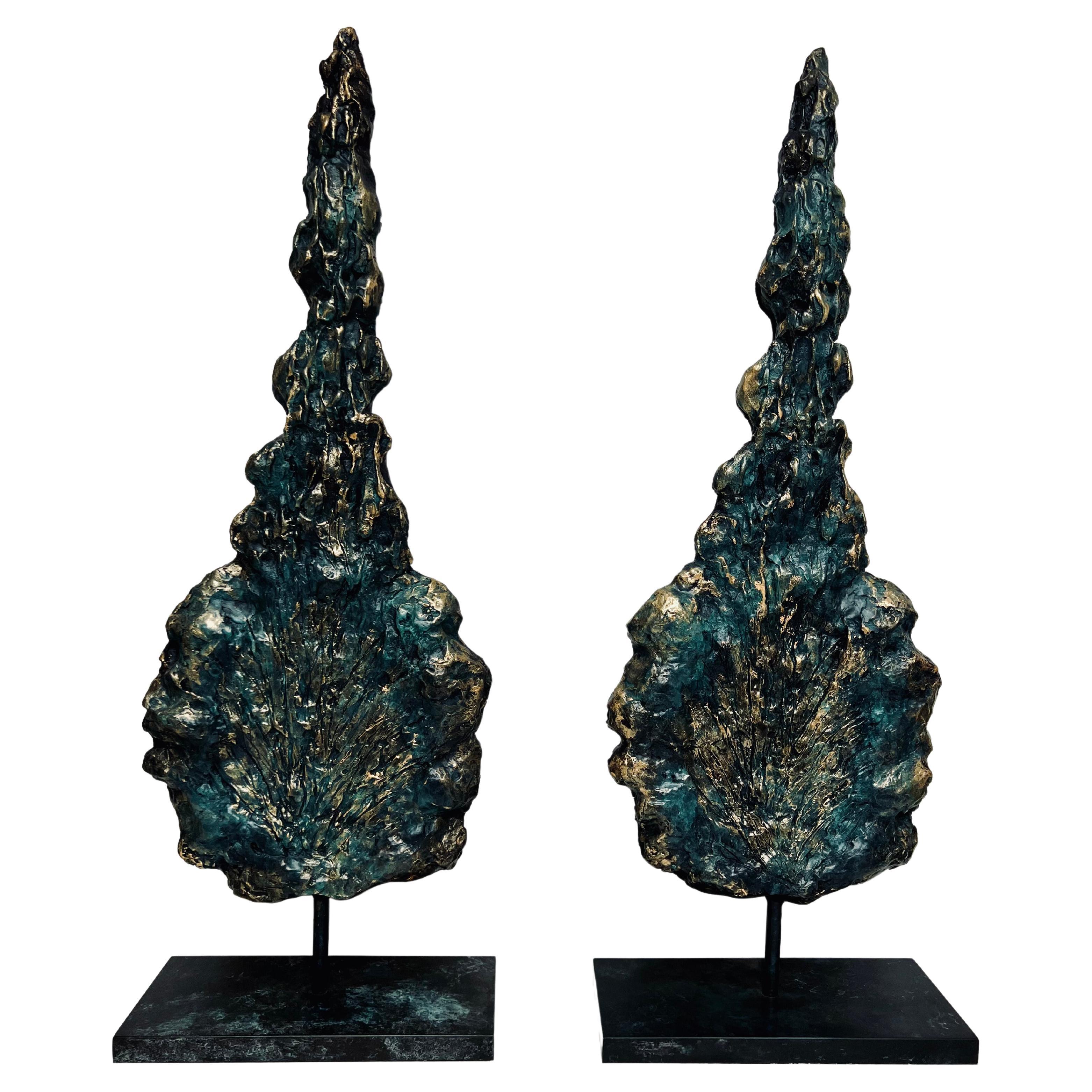 Paire d'arbres de pin, bronze, unique en son genre 