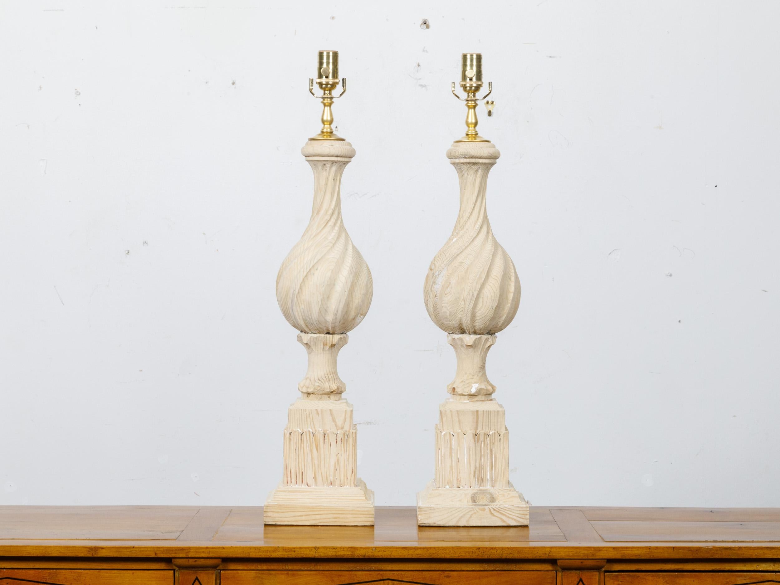 Pair of Pine Twisted Finials on Tall Bases Mounted as Table Lamps, USA Wired For Sale 5