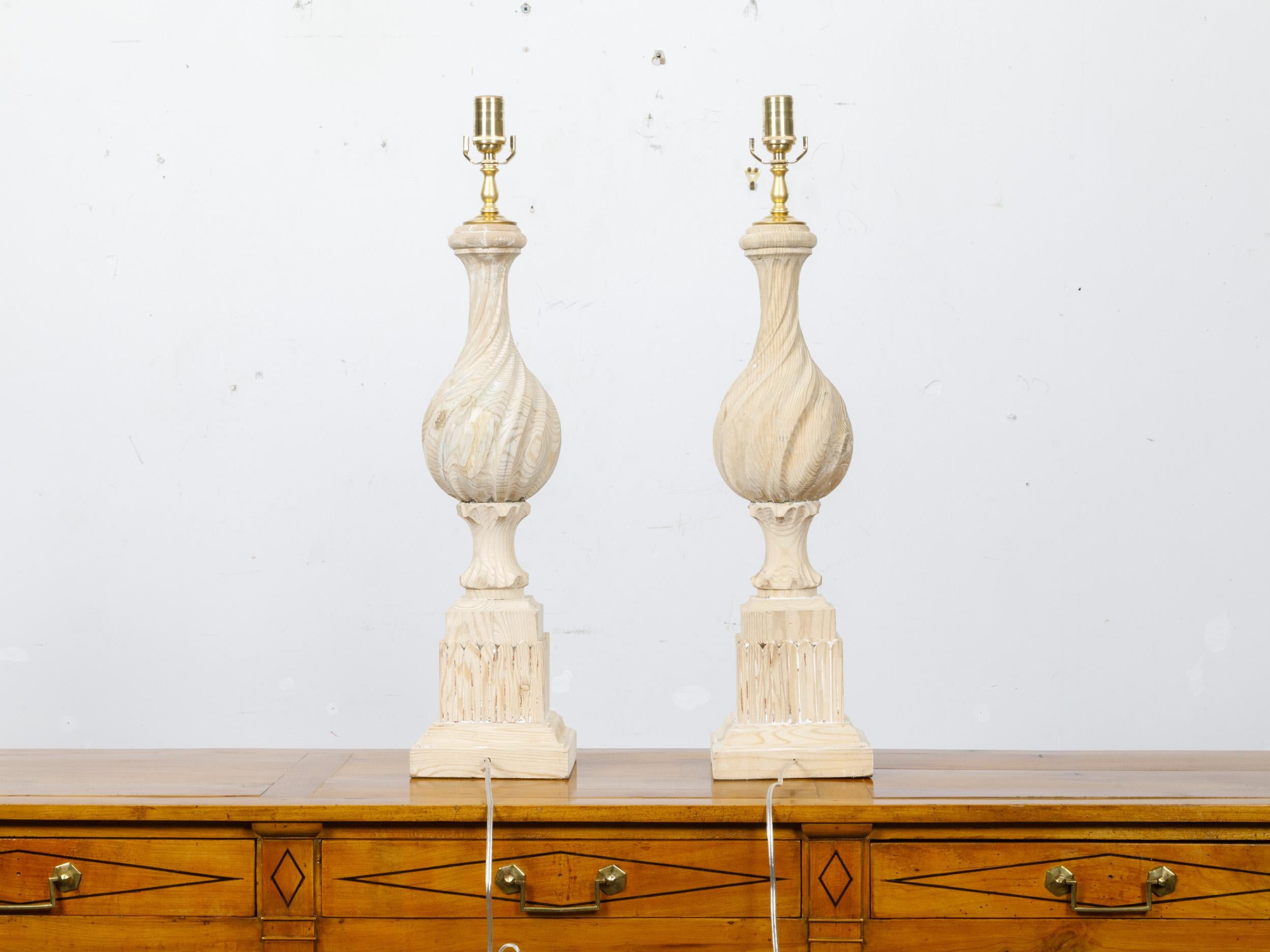 Carved Pair of Pine Twisted Finials on Tall Bases Mounted as Table Lamps, USA Wired For Sale