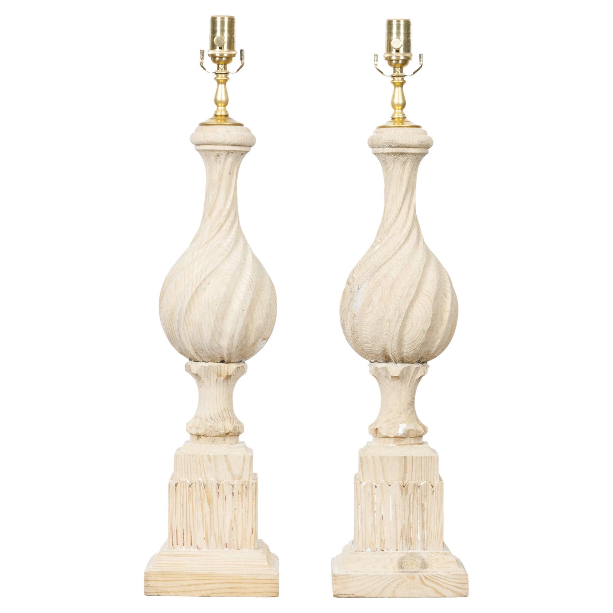 Pair of Pine Twisted Finials on Tall Bases Mounted as Table Lamps, USA Wired