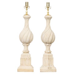 Antique Pair of Pine Twisted Finials on Tall Bases Mounted as Table Lamps, USA Wired