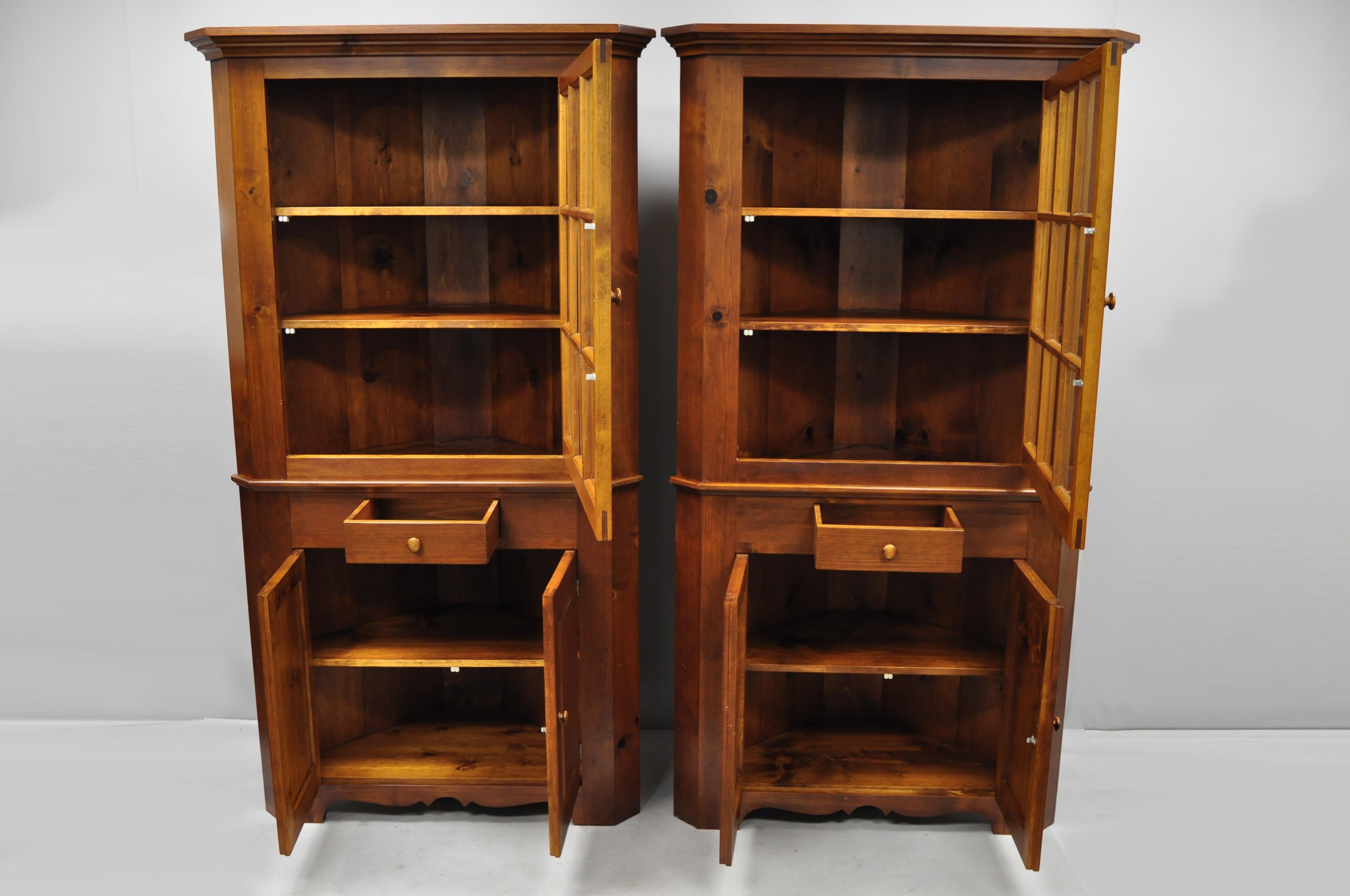 British Colonial Pair of Pine Wood Colonial Style Corner Cupboard China Cabinets by Tom Seely