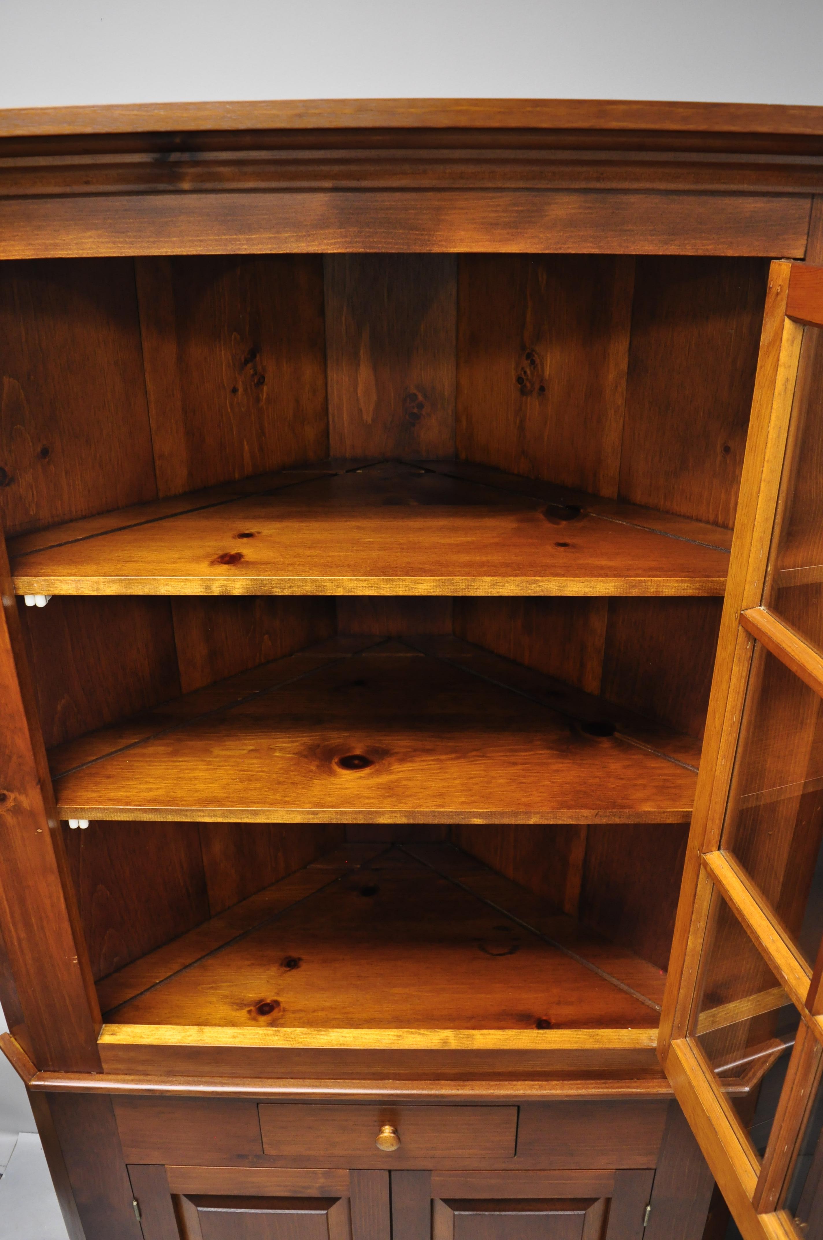 American Pair of Pine Wood Colonial Style Corner Cupboard China Cabinets by Tom Seely