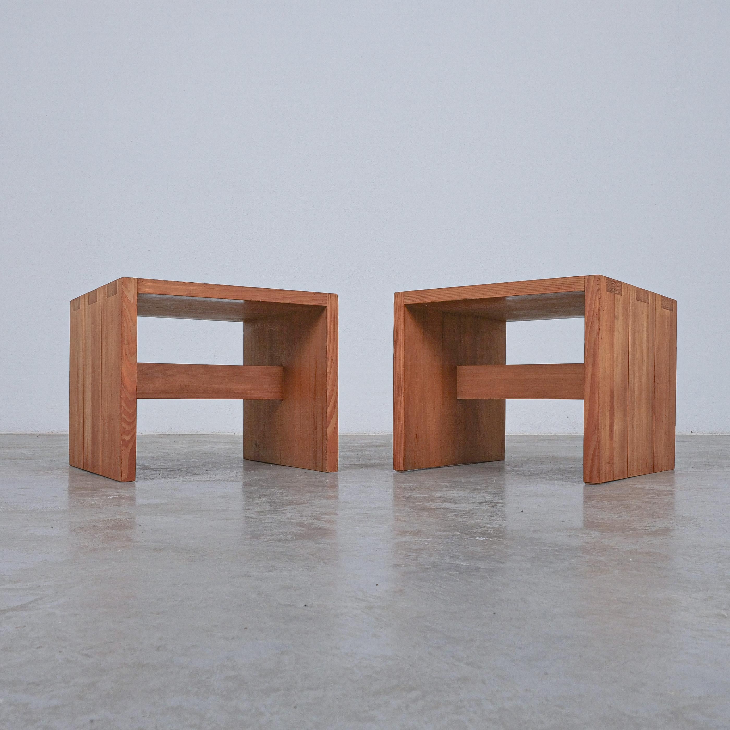 Pair of Pine Wood Side Tables Style of Charlotte Perriand, 1960 France

Nice pair of pine tables in the style of Charlotte Perriand. These sturdy tables work perfectly as side tables or nightstands, priced as a pair. They are Identical in size and