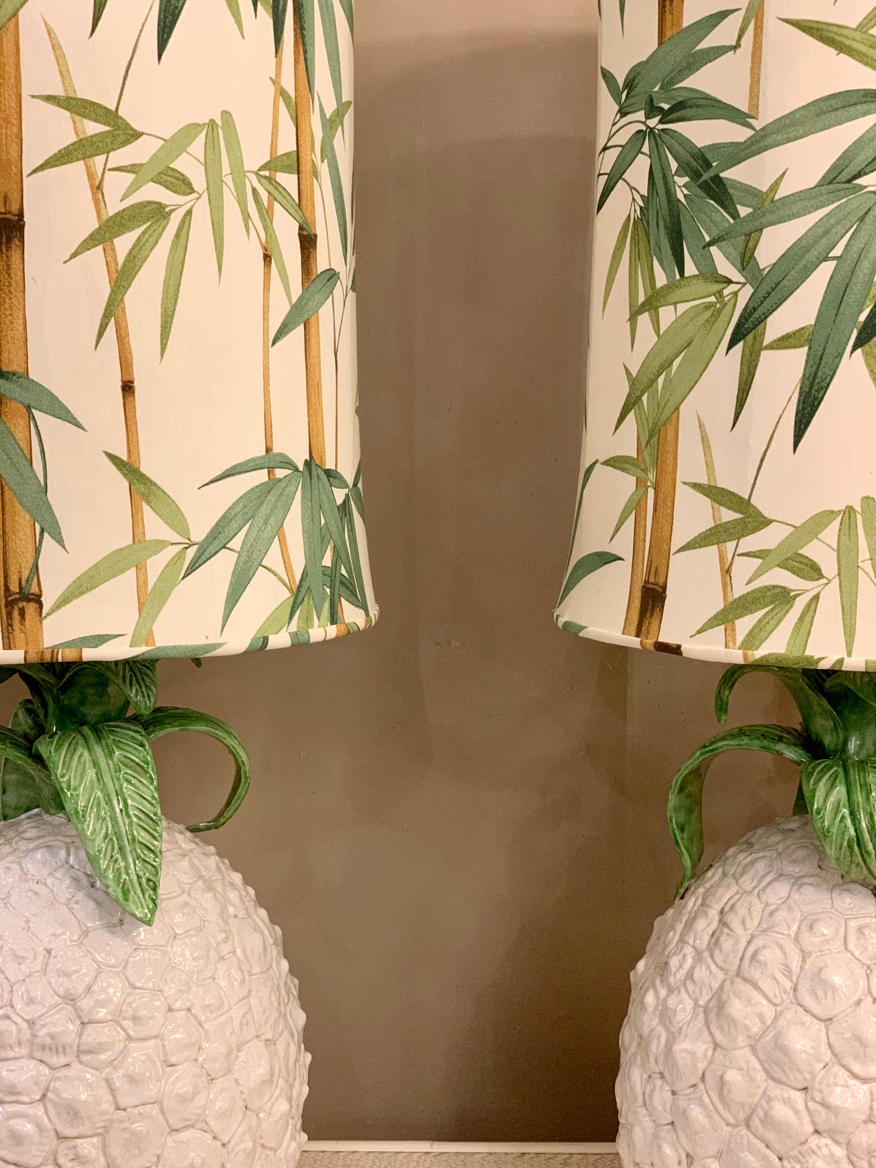 Pair of Pineapple Ceramic Table Lamps with Bamboo Fabric Lampshades, 1970s 9