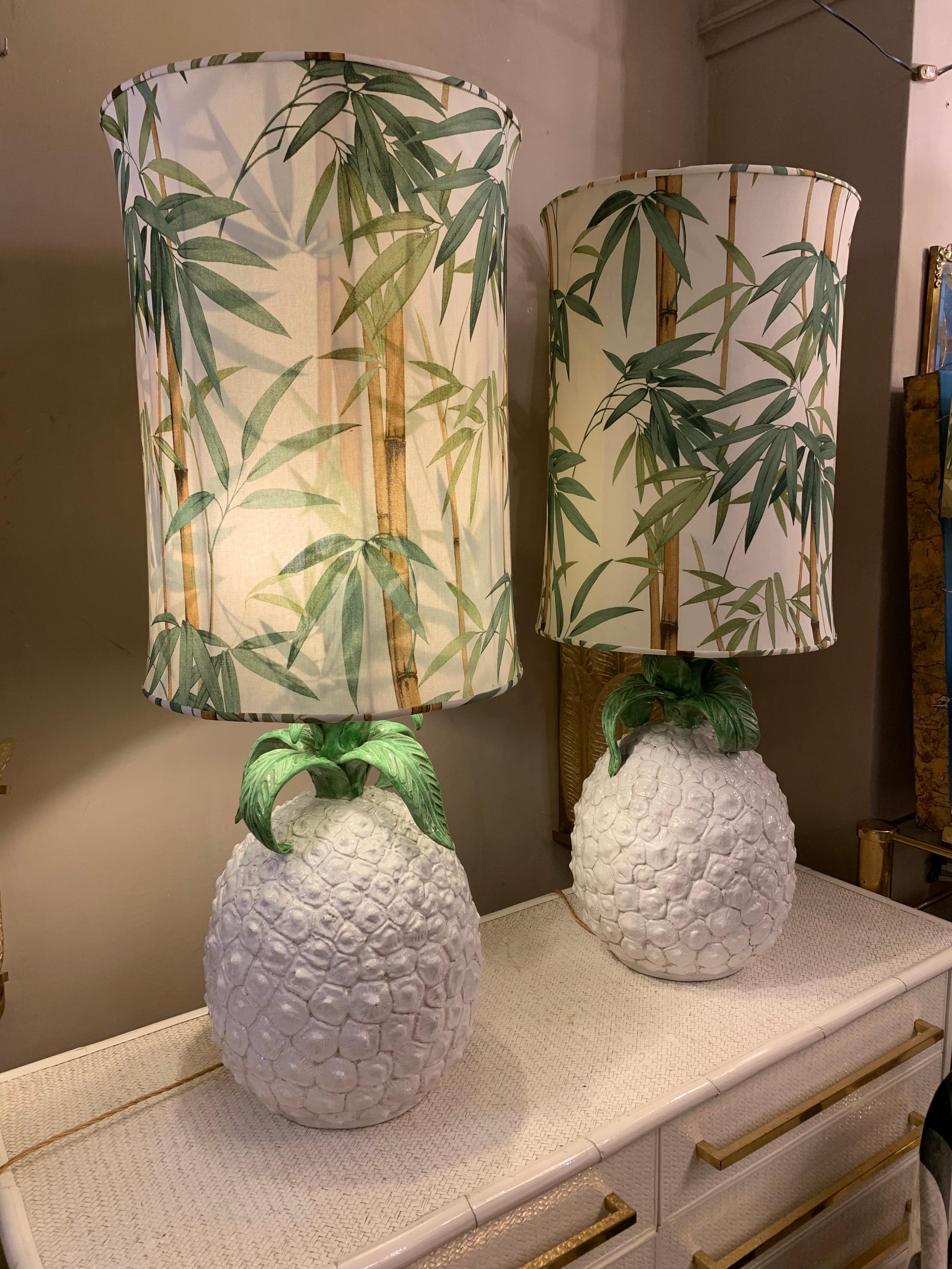 Pair of Pineapple Ceramic Table Lamps with Bamboo Fabric Lampshades, 1970s 12