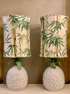 Pair of Pineapple Ceramic Table Lamps with Bamboo Fabric Lampshades, 1970s