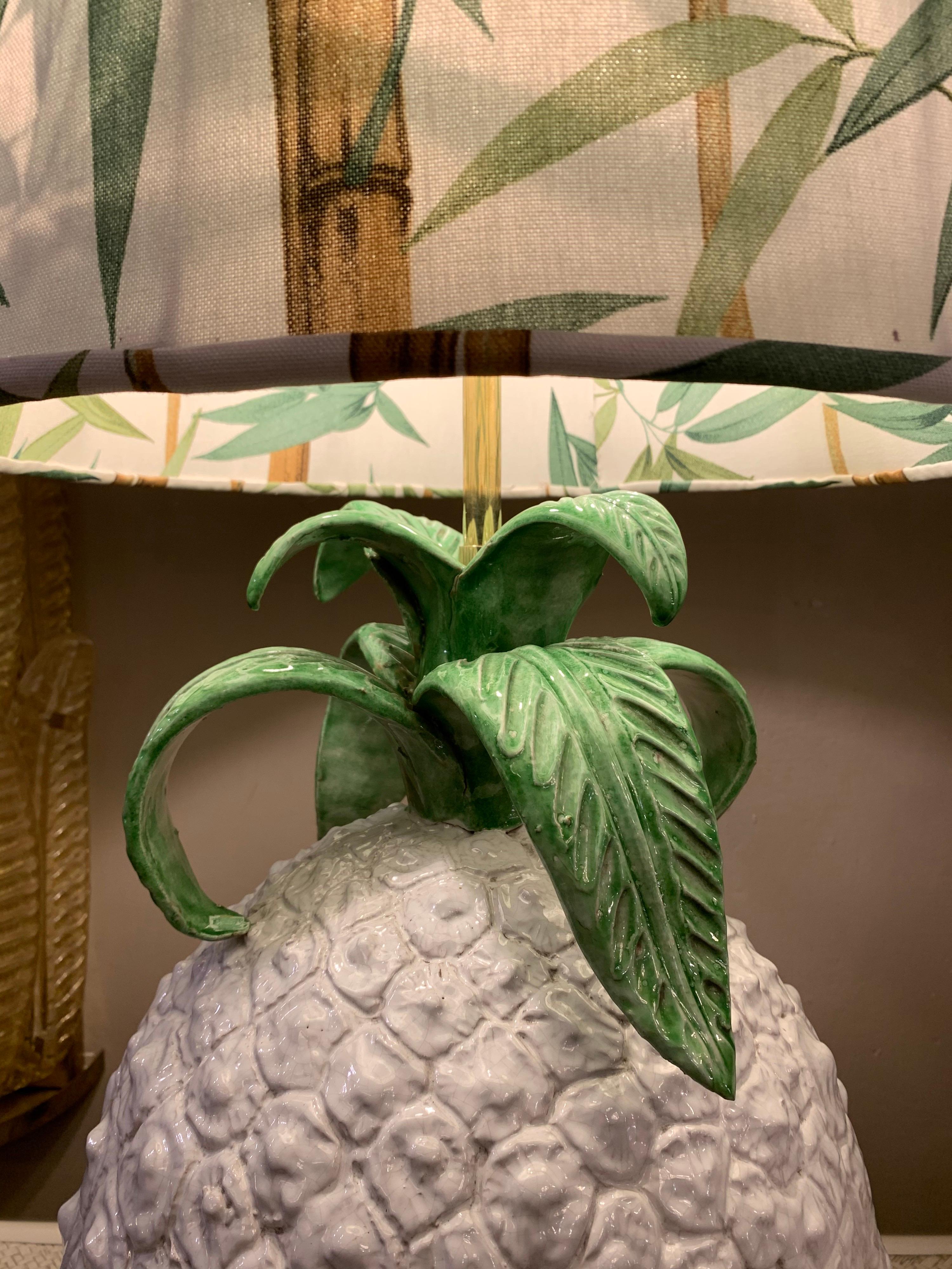 Pair of Pineapple Ceramic Table Lamps with Bamboo Fabric Lampshades, 1970s 14