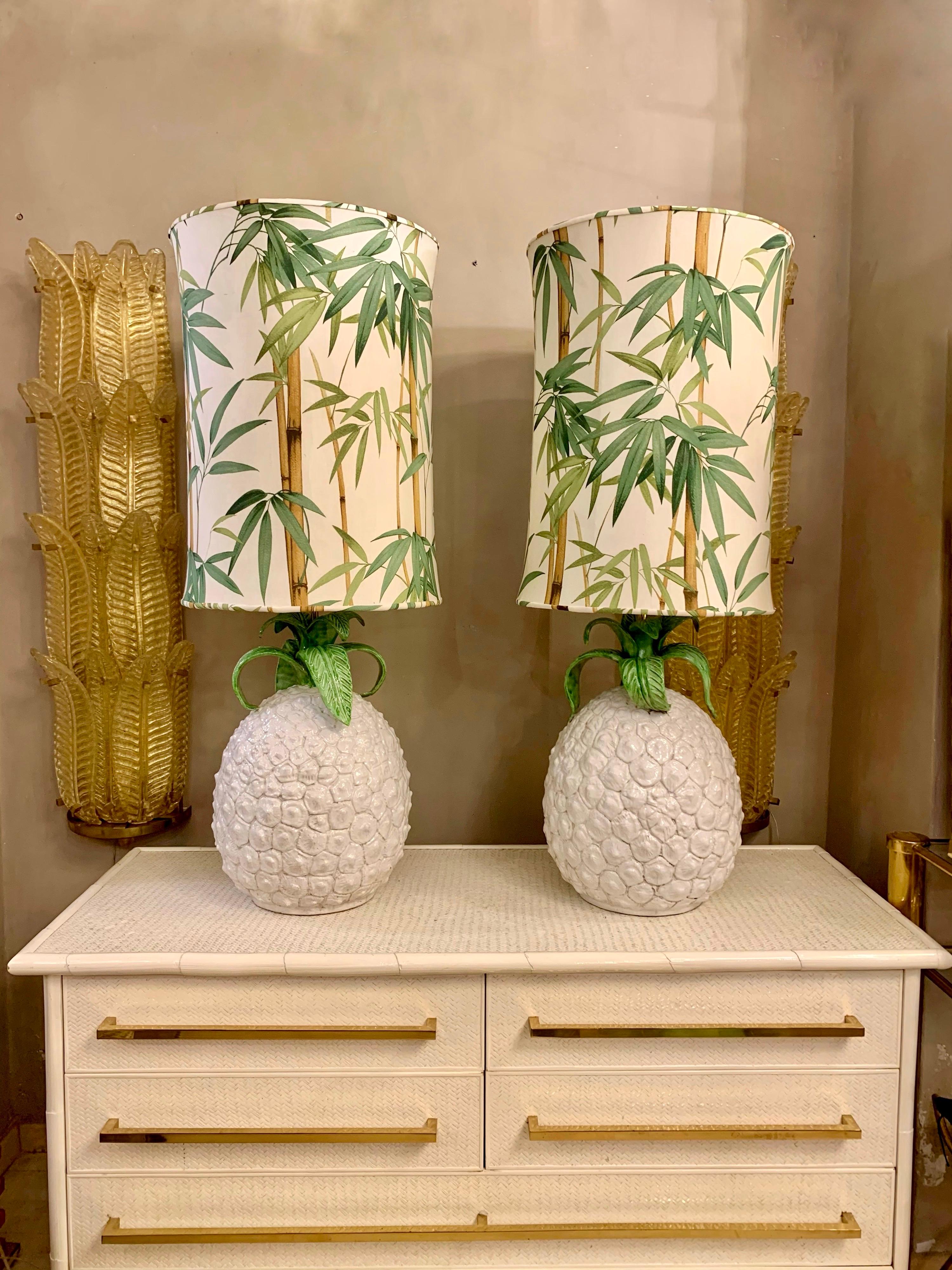 Mid-Century Modern Pair of Pineapple Ceramic Table Lamps with Bamboo Fabric Lampshades, 1970s