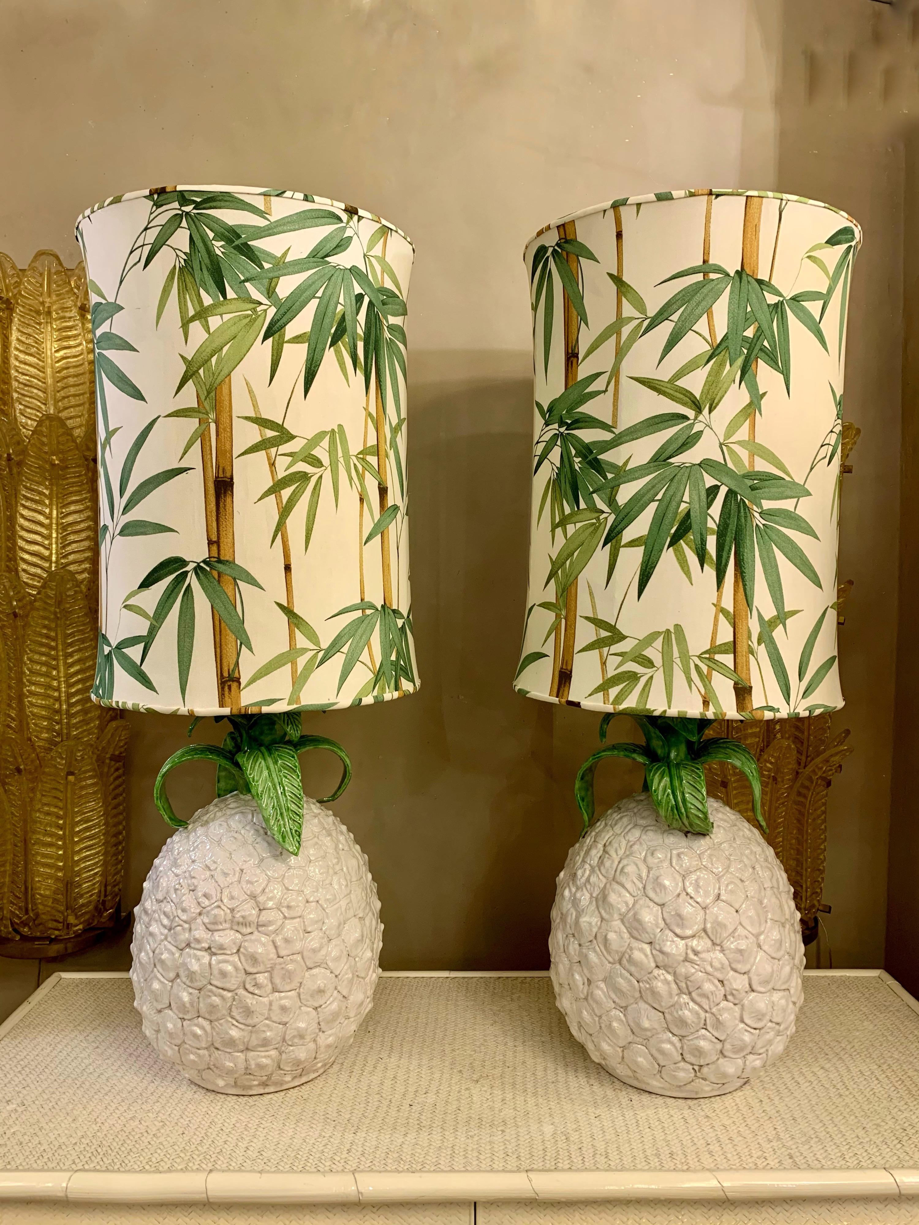 Italian Pair of Pineapple Ceramic Table Lamps with Bamboo Fabric Lampshades, 1970s