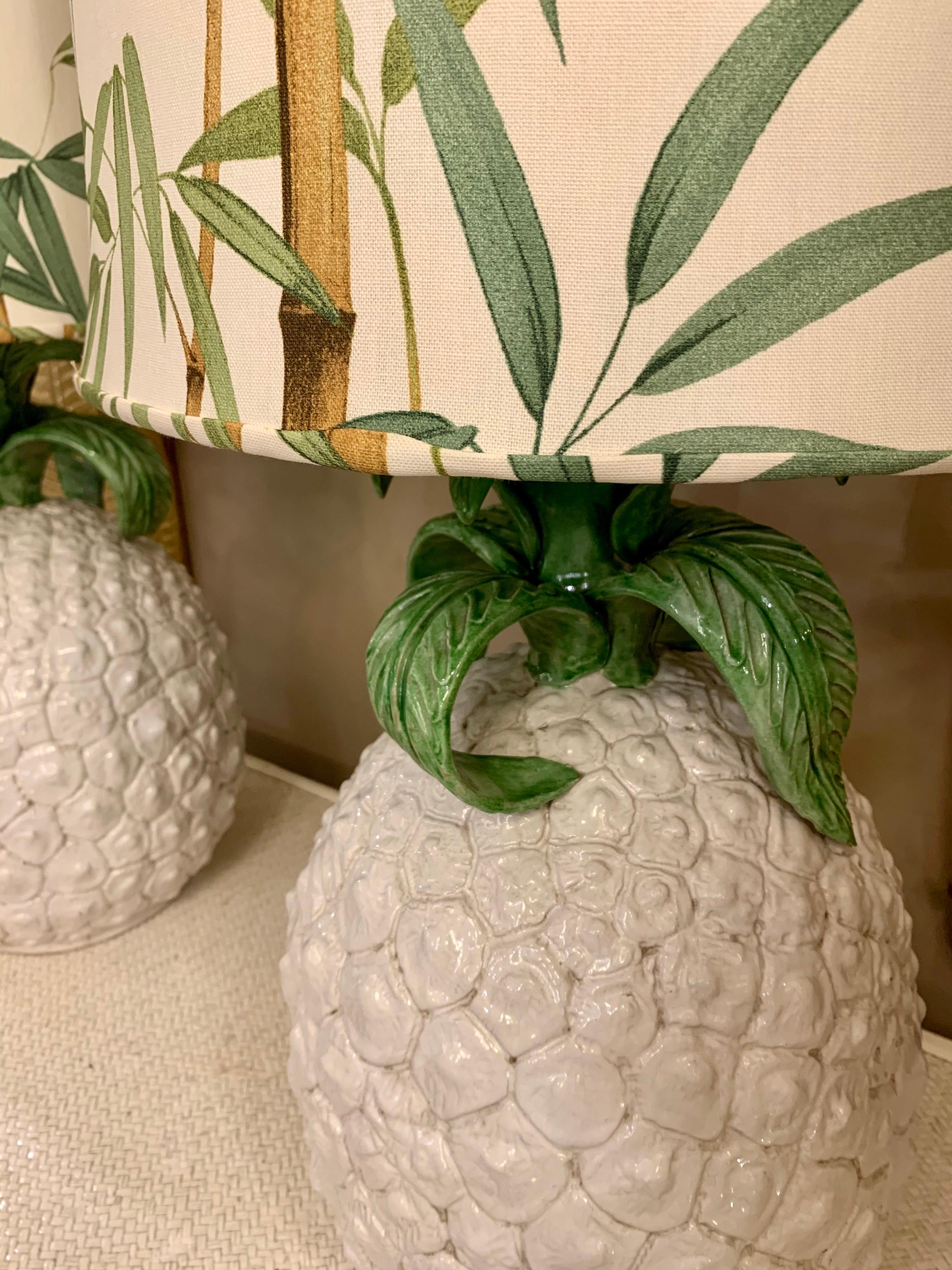Pair of Pineapple Ceramic Table Lamps with Bamboo Fabric Lampshades, 1970s In Good Condition In Florence, IT