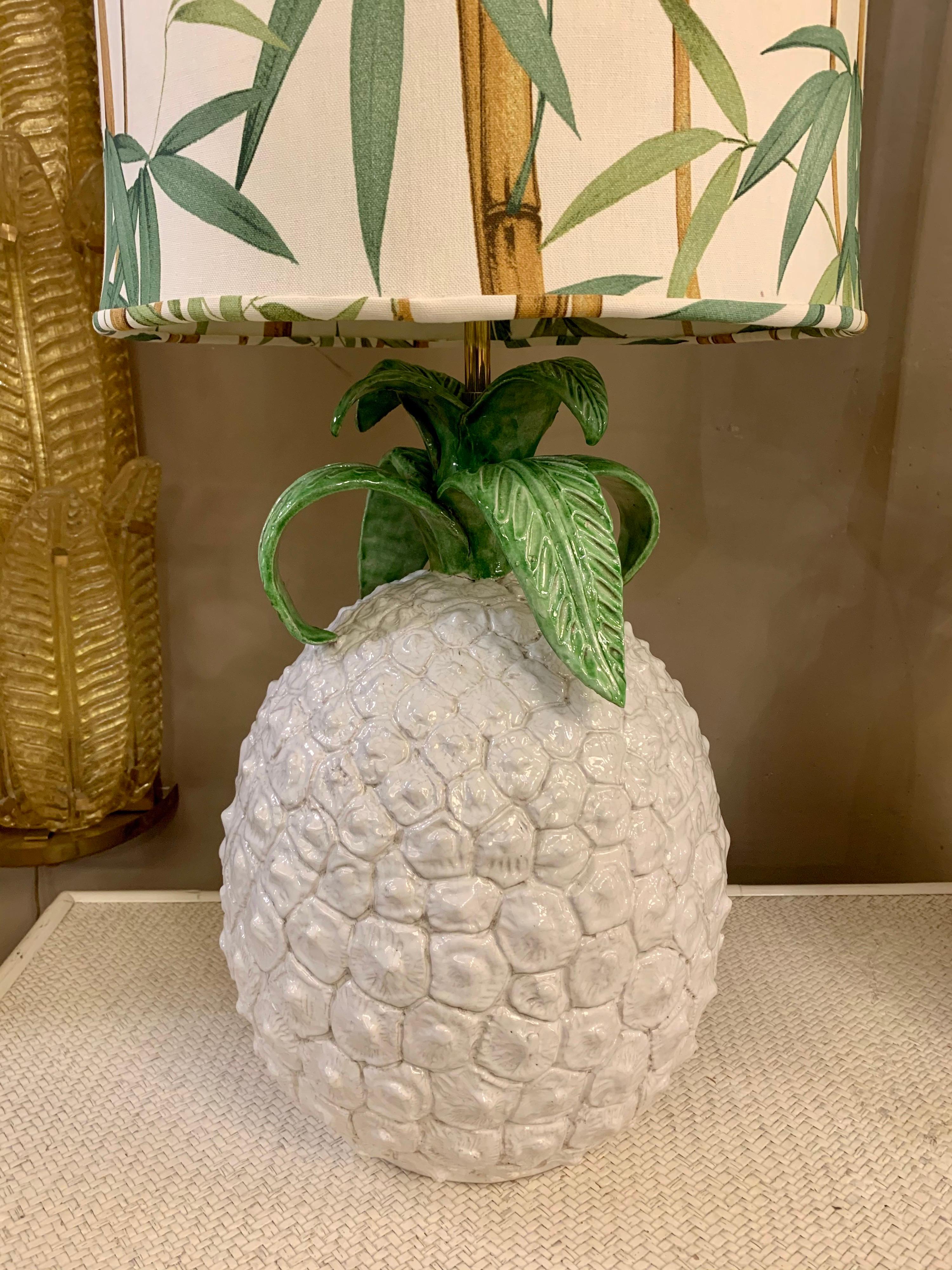 Pair of Pineapple Ceramic Table Lamps with Bamboo Fabric Lampshades, 1970s 3