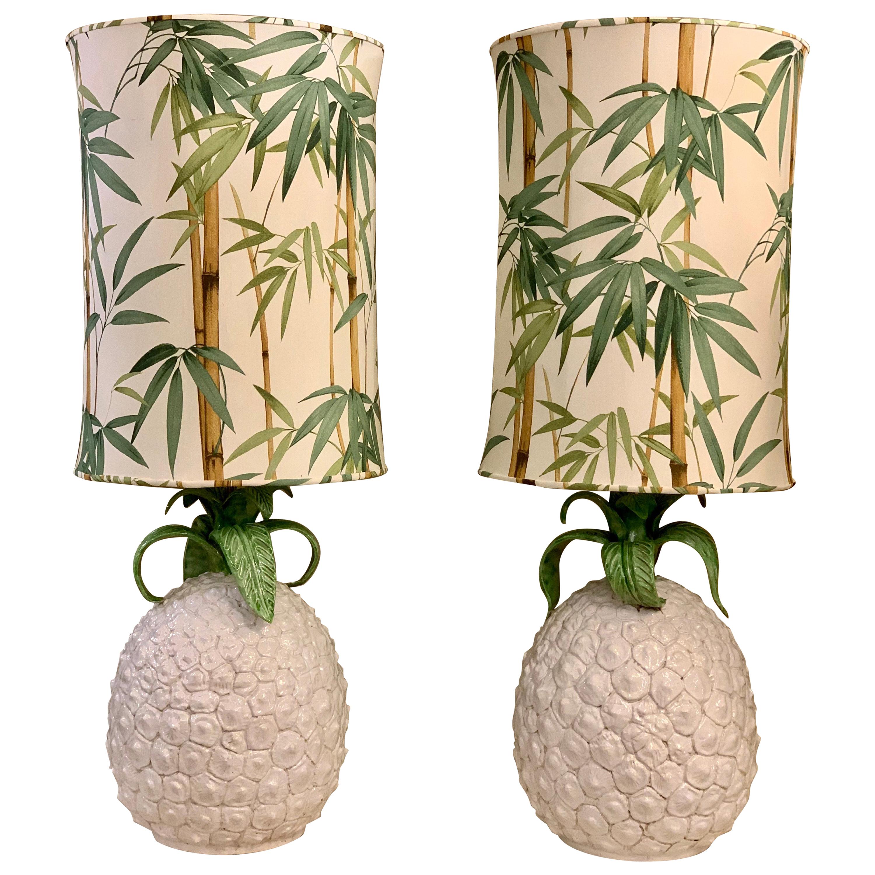 Pair of Pineapple Ceramic Table Lamps with Bamboo Fabric Lampshades, 1970s