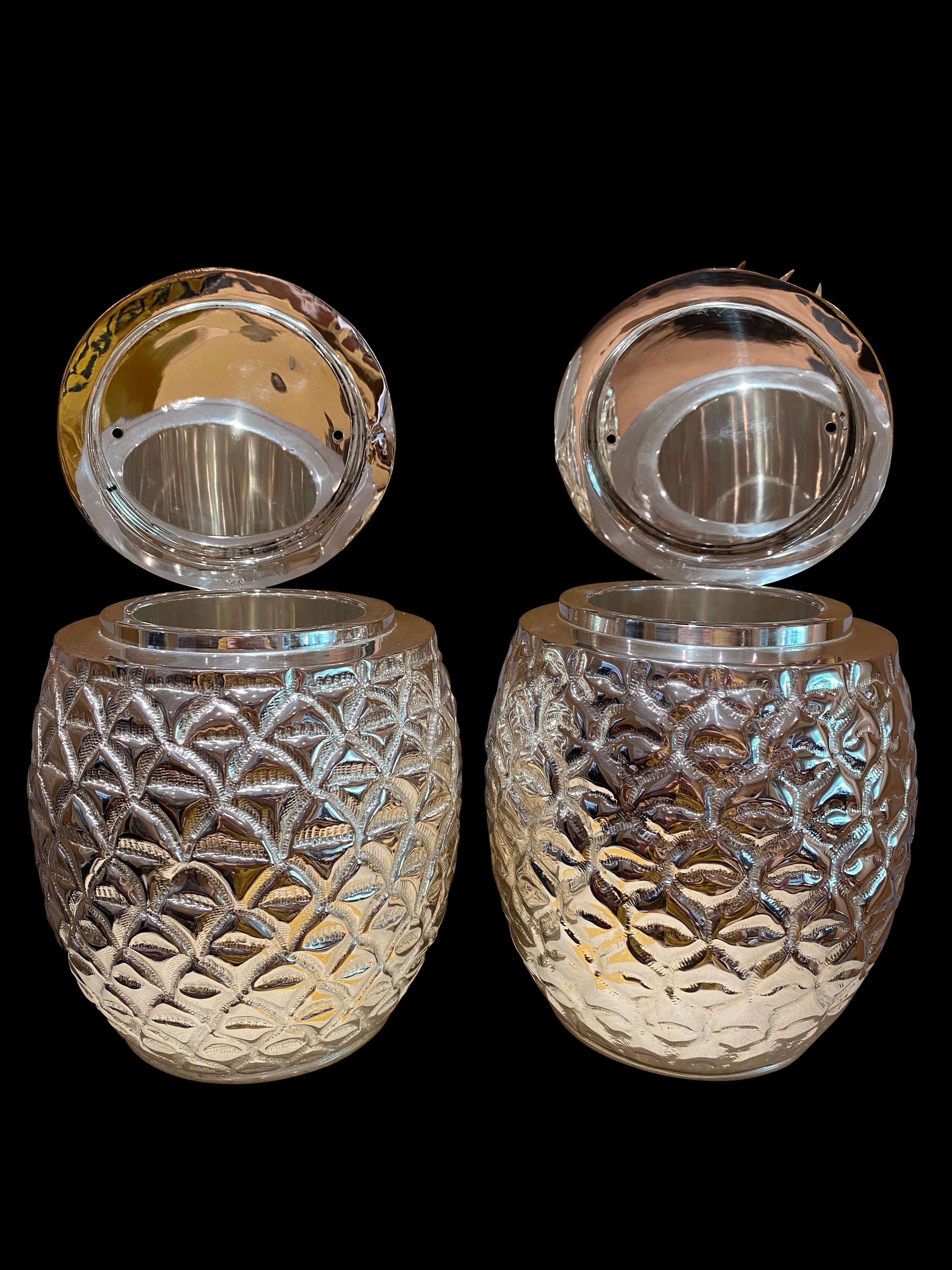 French Pair of Pineapple Champagne Buckets, Silver Plate Wine Cooler Holders For Sale