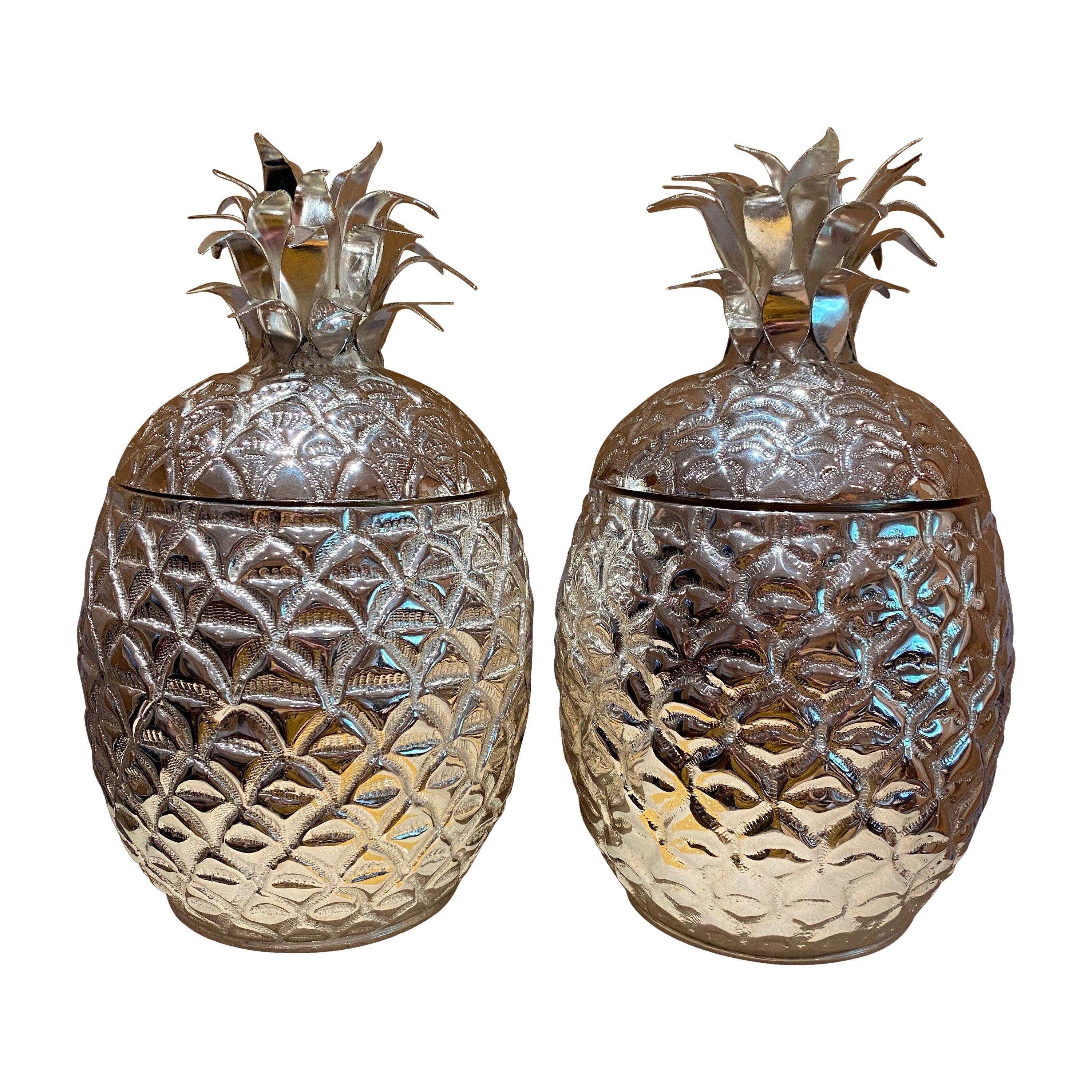 Pair of Pineapple Champagne Buckets, Silver Plate Wine Cooler Holders For Sale