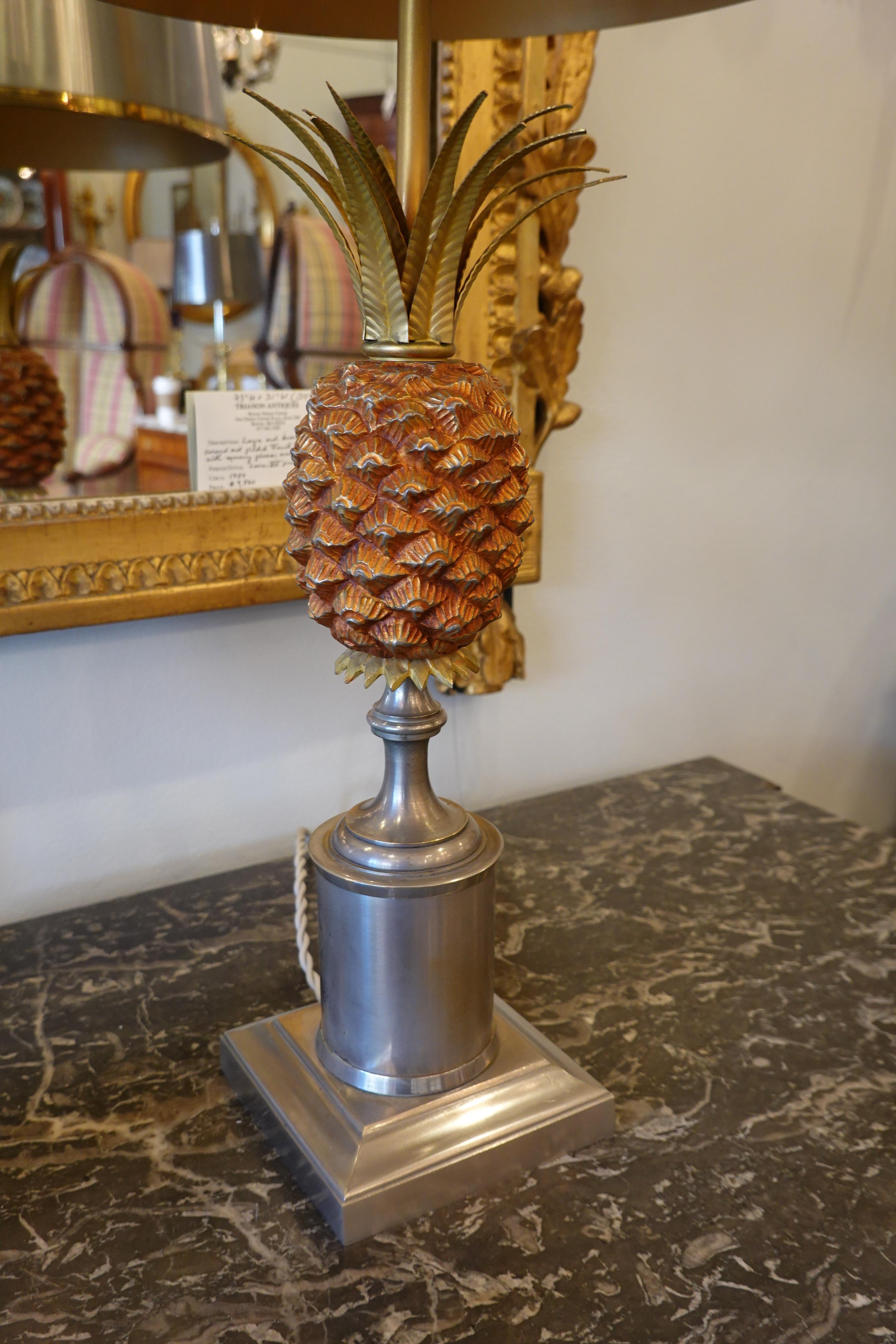 Pair of Pineapple Lamps with Metal Shades in the Style of Jansen or Charles 1