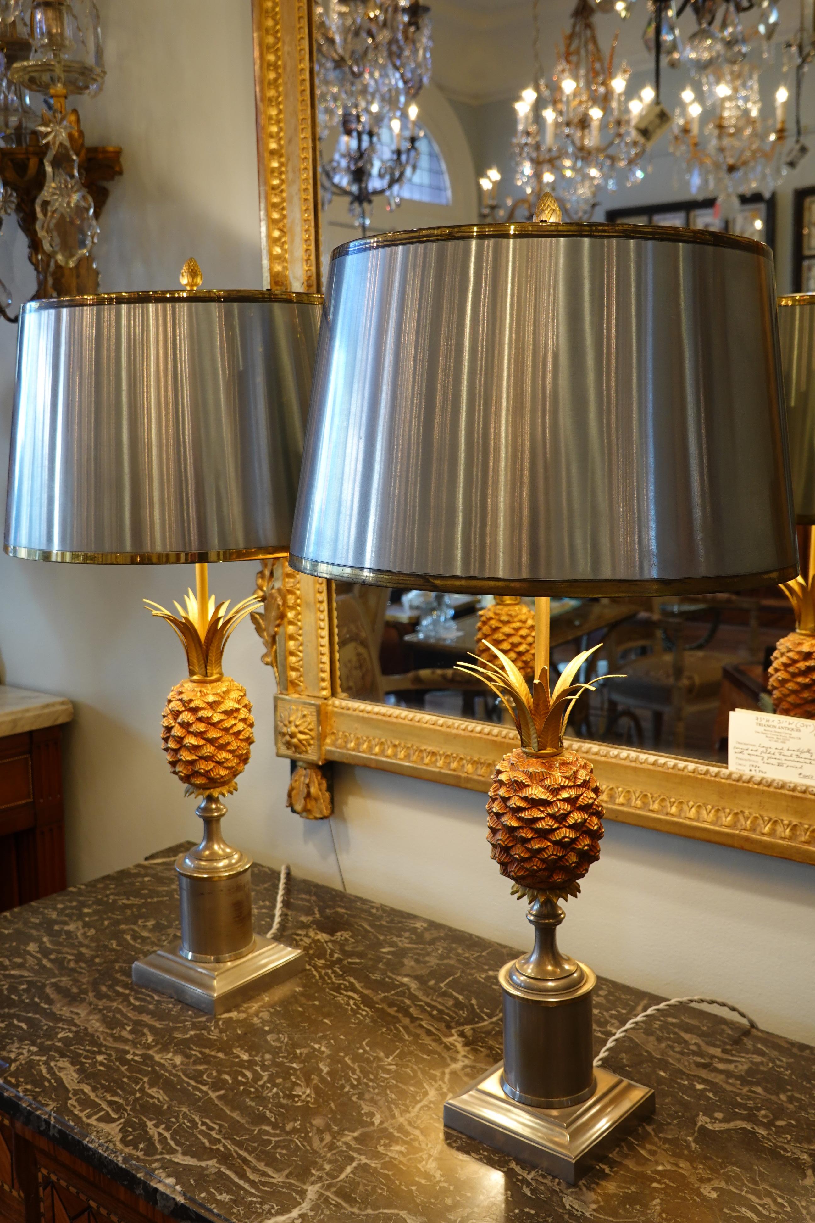 French Pair of Pineapple Lamps with Metal Shades in the Style of Jansen or Charles
