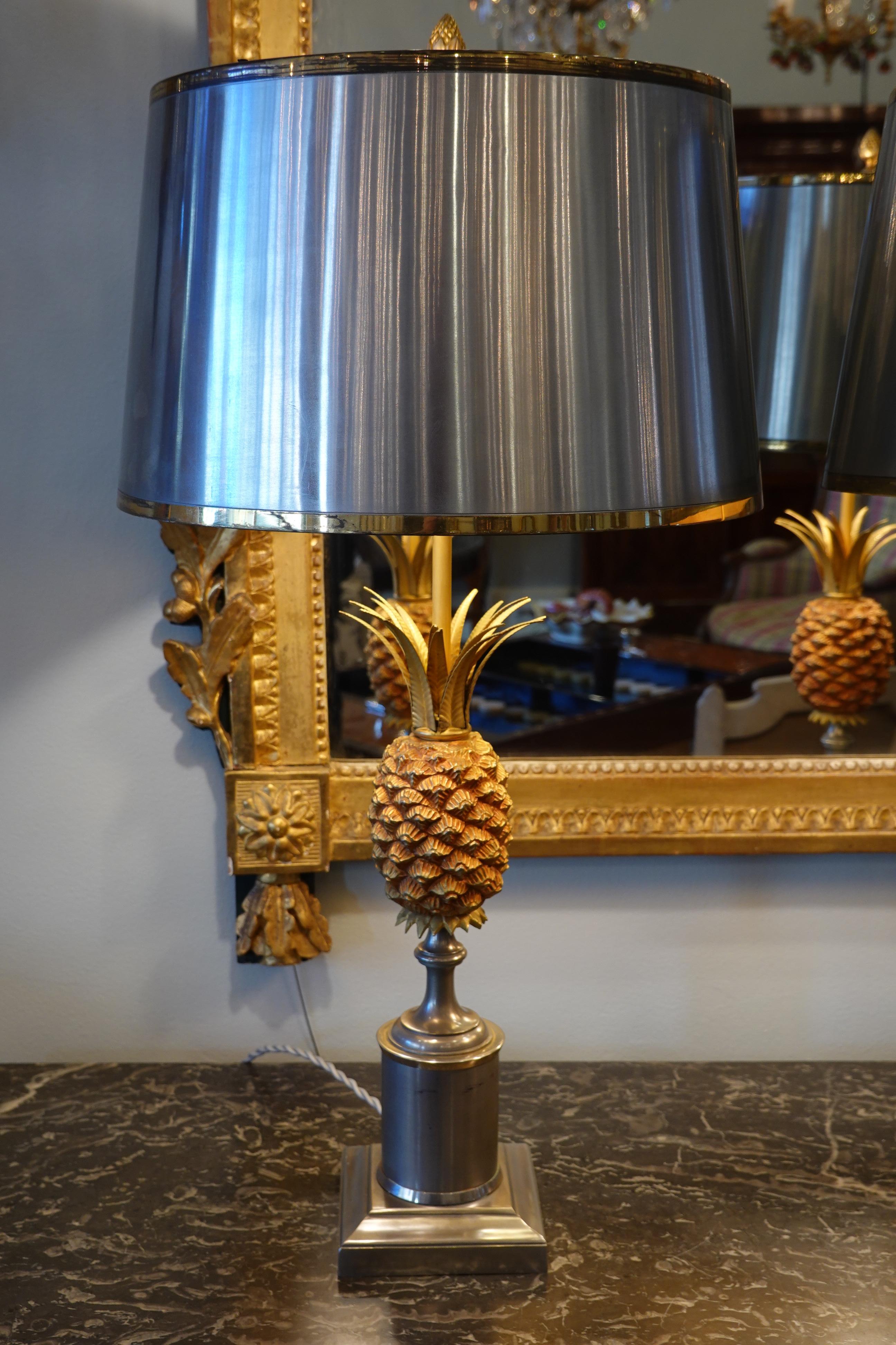 Brushed Pair of Pineapple Lamps with Metal Shades in the Style of Jansen or Charles