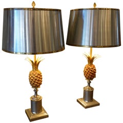 Pair of Pineapple Lamps with Metal Shades in the Style of Jansen or Charles