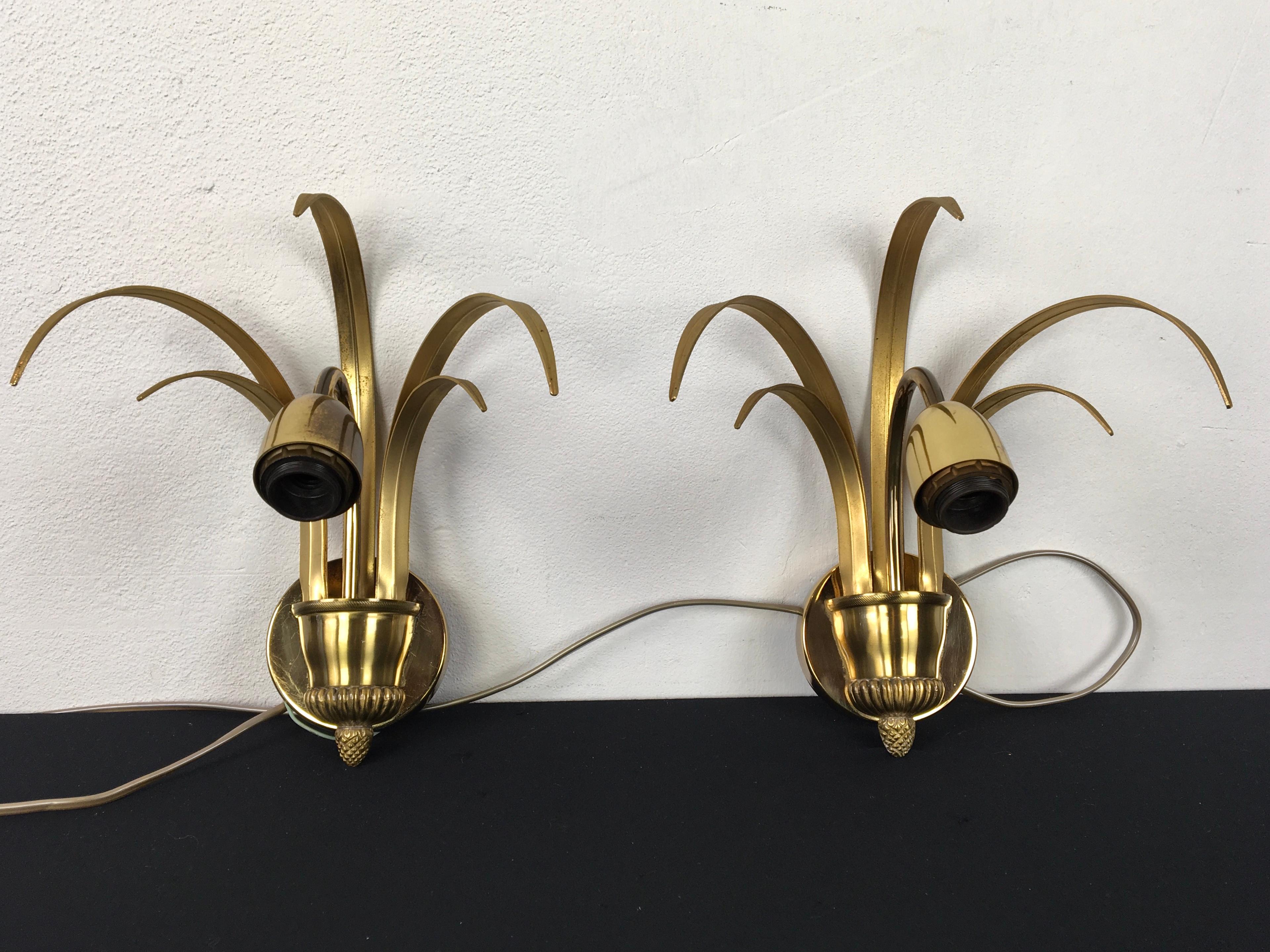 Brass Pair of Pineapple Leaves Wall Scones by S.A. Boulanger Belgium For Sale