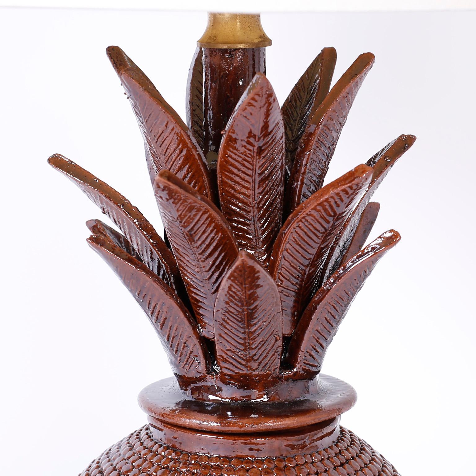 British Colonial Pair of Pineapple Pottery Table Lamps