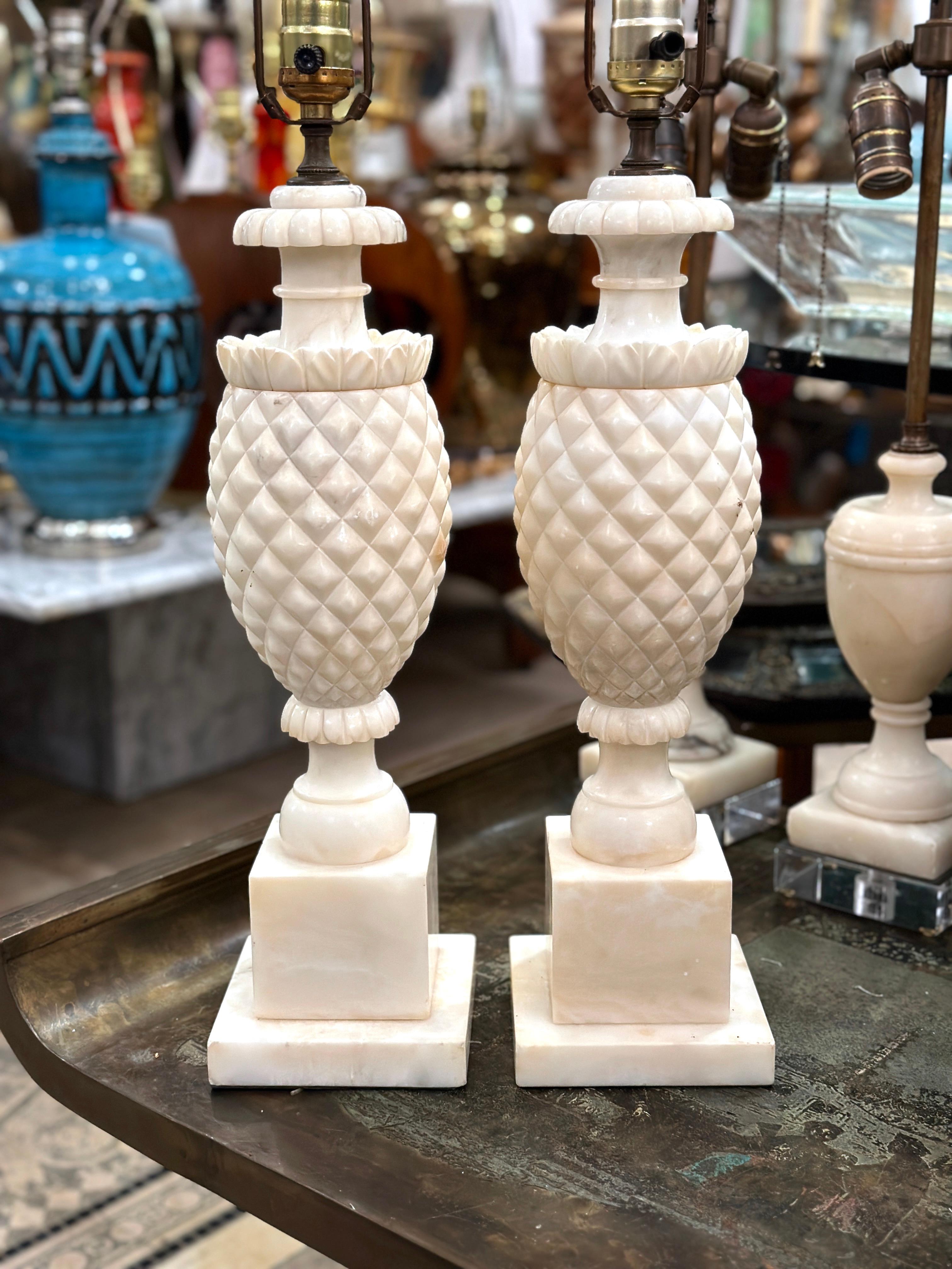 Mid-20th Century Pair of Pineapple Shaped Alabaster Lamps For Sale