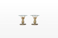 Pair of Pineapple Side Tables in Brass with Glass, Hollywood Regency