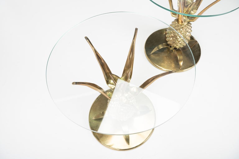 Pair of Pineapple Side Tables in Brass with Glass, Hollywood Regency