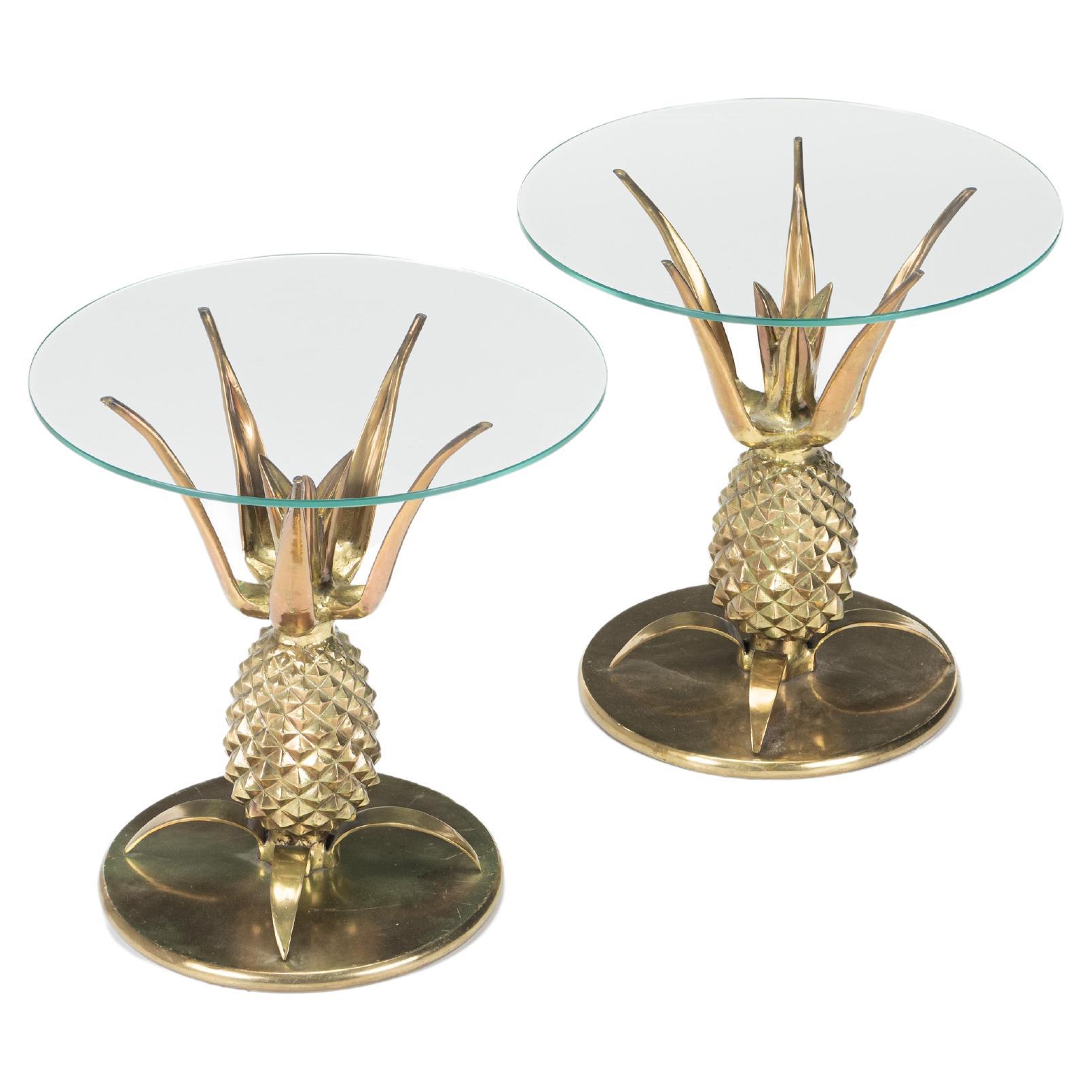 Pair of Pineapple Side Tables in Brass with Glass, Hollywood Regency For Sale