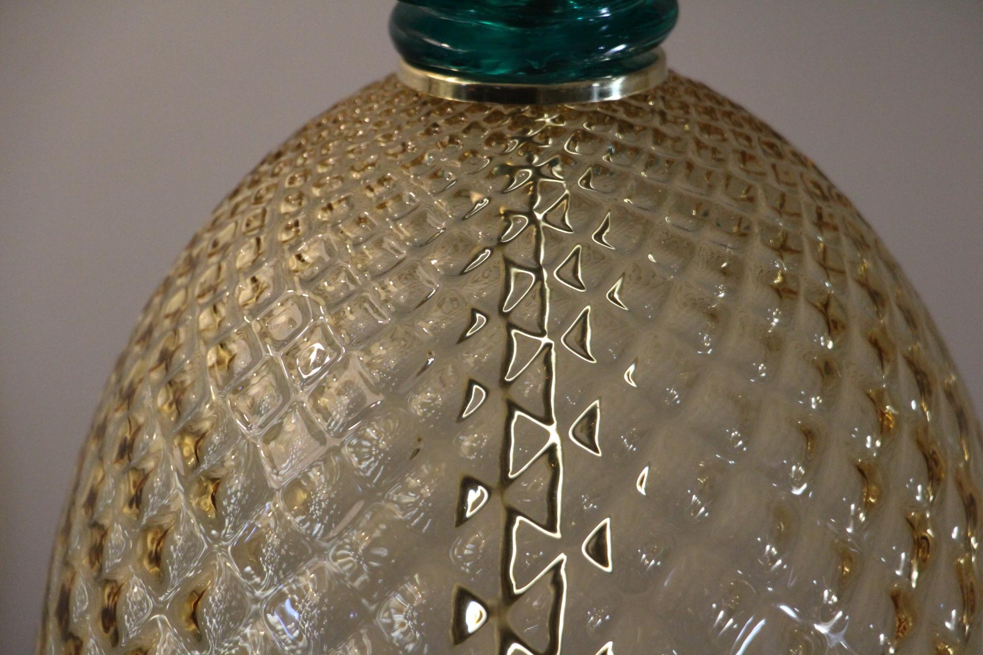Paire de lampes de table ananas en verre de Murano de couleur vert émeraude et ambre en vente 5