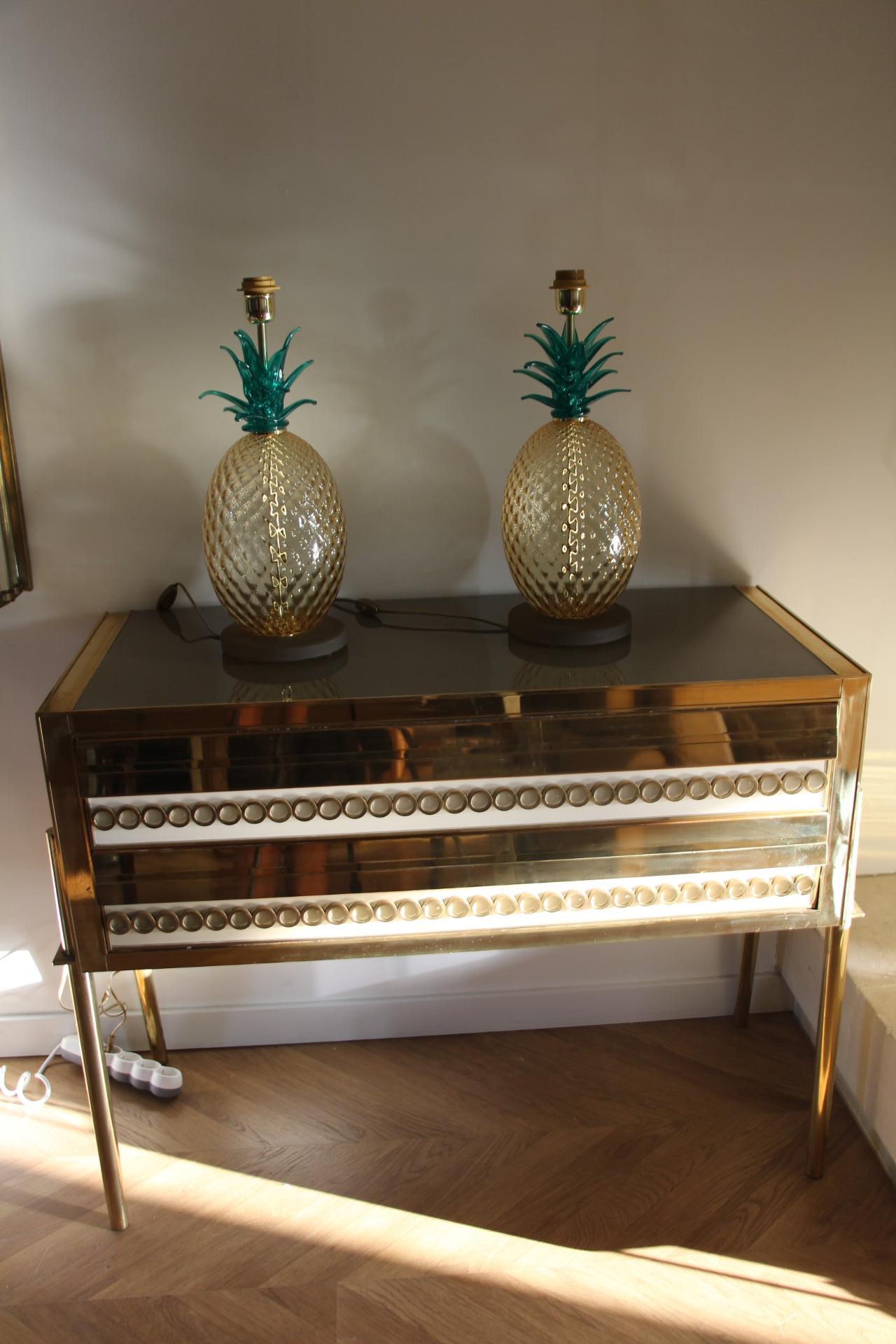 Pair of Pineapple Table Lamps in Emerald Green and Amber Color Murano Glass For Sale 6