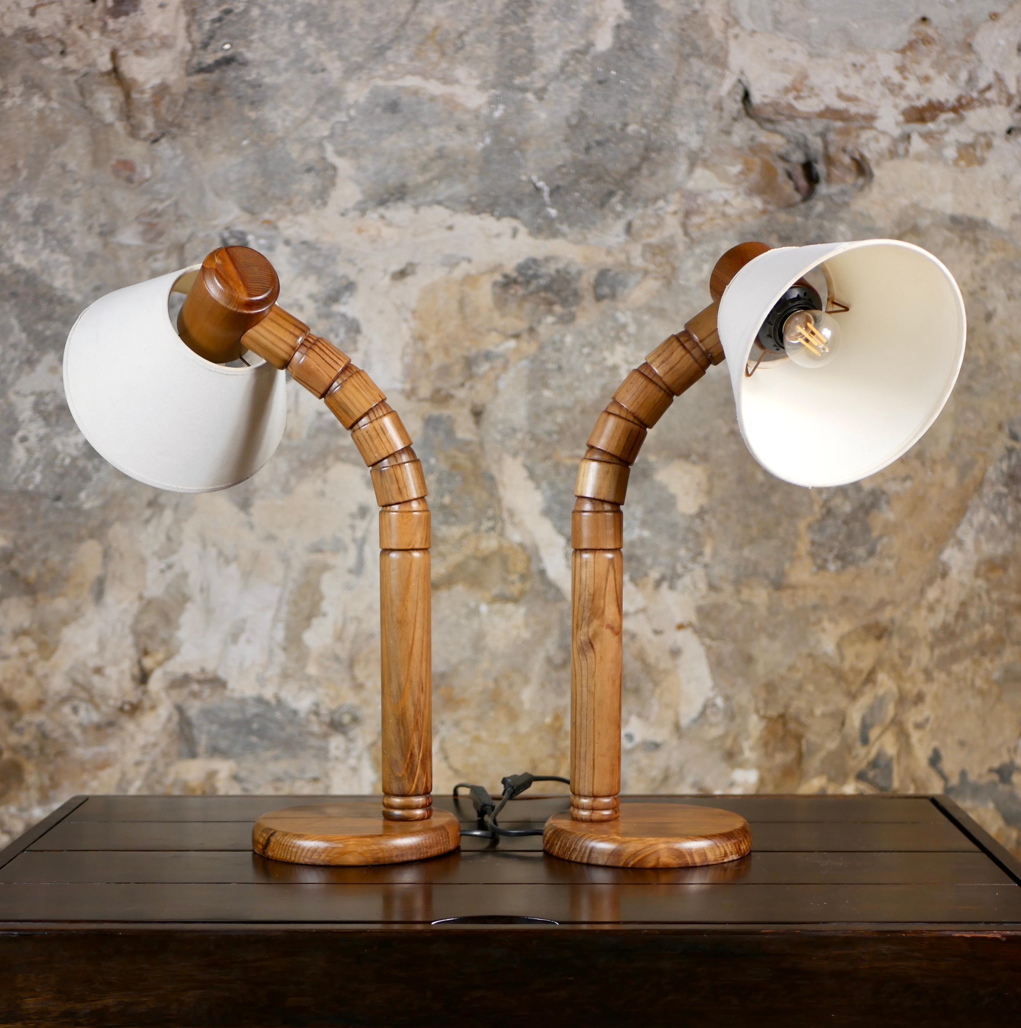 Late 20th Century Pair of pinewood table lamps by Solbackens Svarveri, Sweden, 1970s For Sale