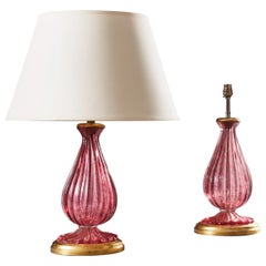 Pair of Pink 20th Century Murano Twisted Glass Table Lamps with Giltwood Bases