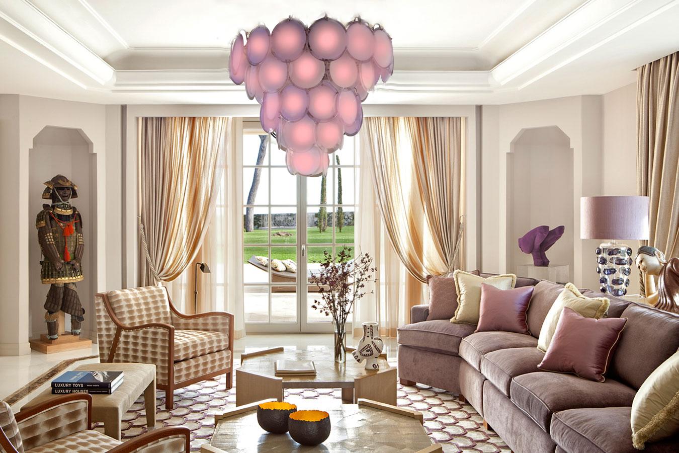 Mid-Century moderno Coppia di lampadari a disco di Murano con ametista rosa, anni '70 in vendita